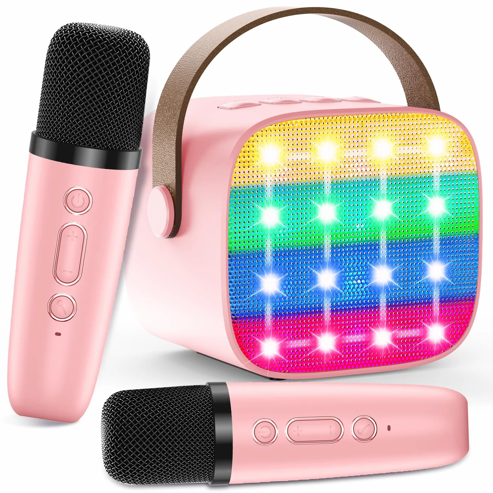 Maszyna do karaoke dla dzieci z 2 mikrofonami Bluetooth przenośny głośnik efekty głosowe diody LED
