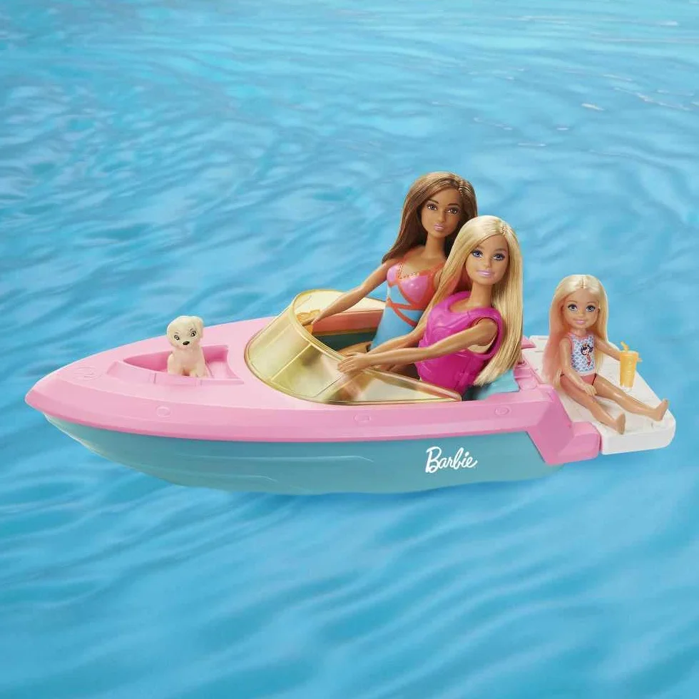 Barbie Zestaw Łodzi Motorowej, Lalka z Blond Włosami, Różowa Kamizelka Ratunkowa, Szczeniak, Akcesoria - Prezenty dla Dzieci od 3 Lat