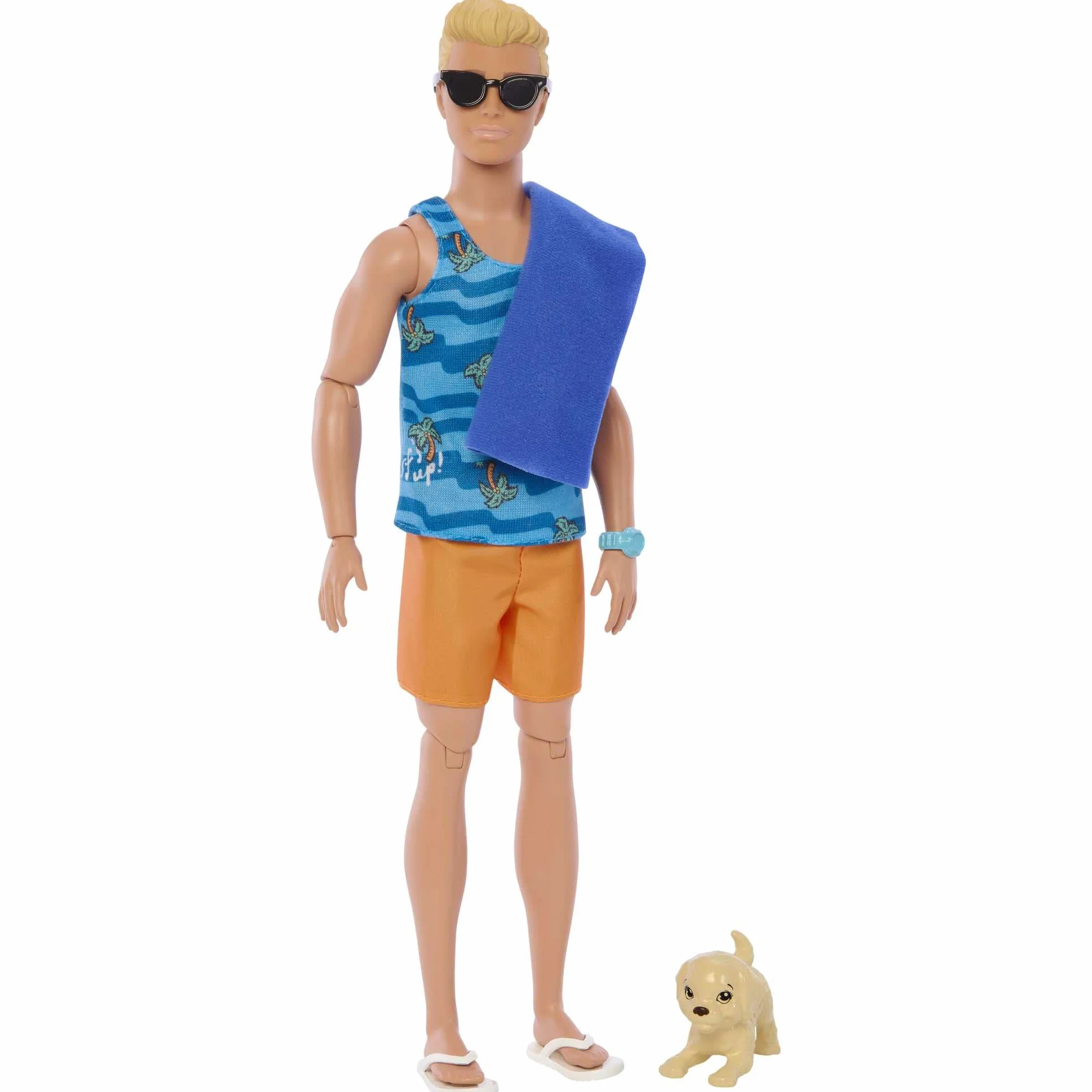 Barbie Ken Surfer Lalka plażowa (blondyn) z deską surfingową i pieskiem + akcesoria tematyczne, takie jak ręcznik HPT50