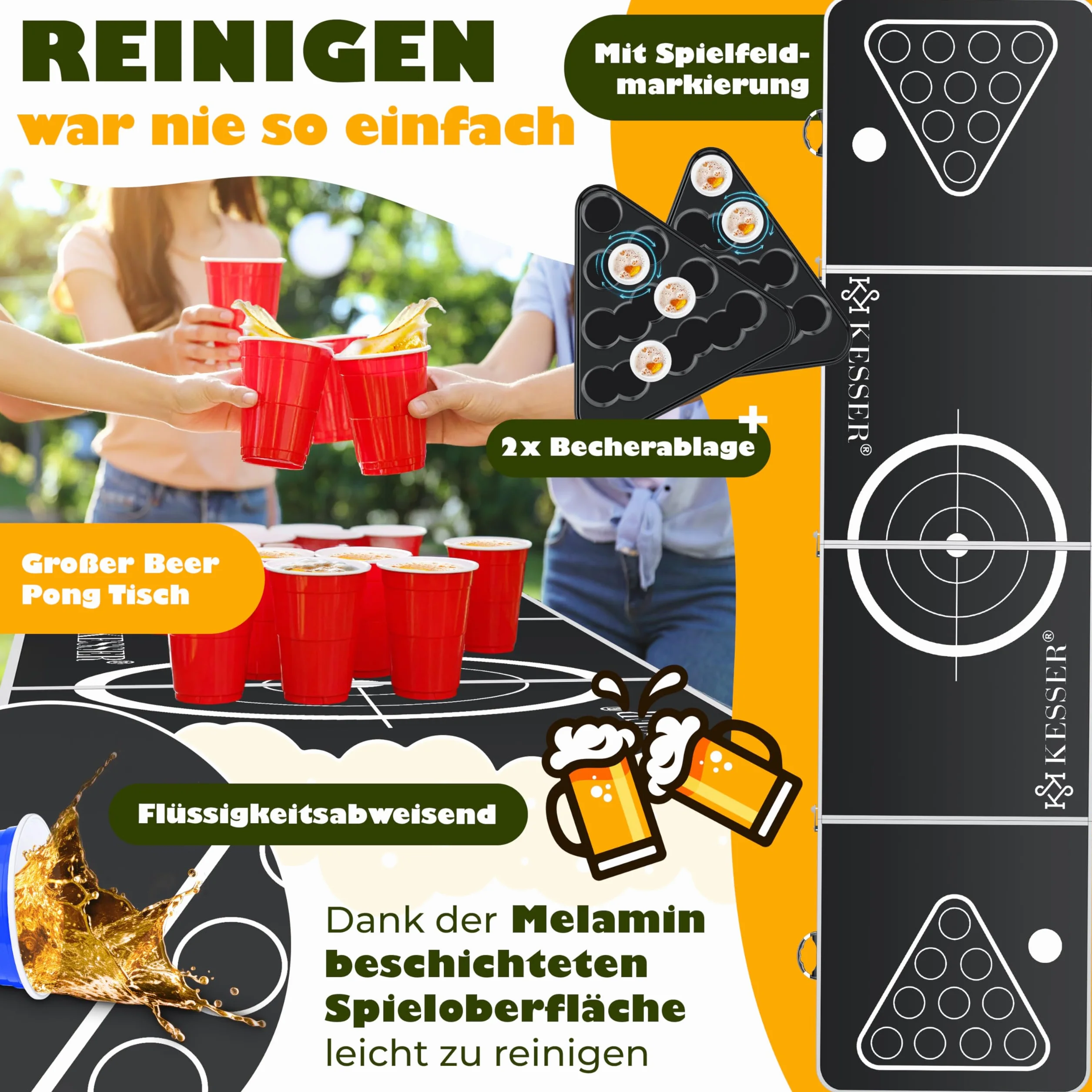KESSER Beer Pong zestaw karcianych (50 czerwonych i 50 niebieskich), 6 piłek + linijki do gry na imprezę, regulowana wysokość, składany
