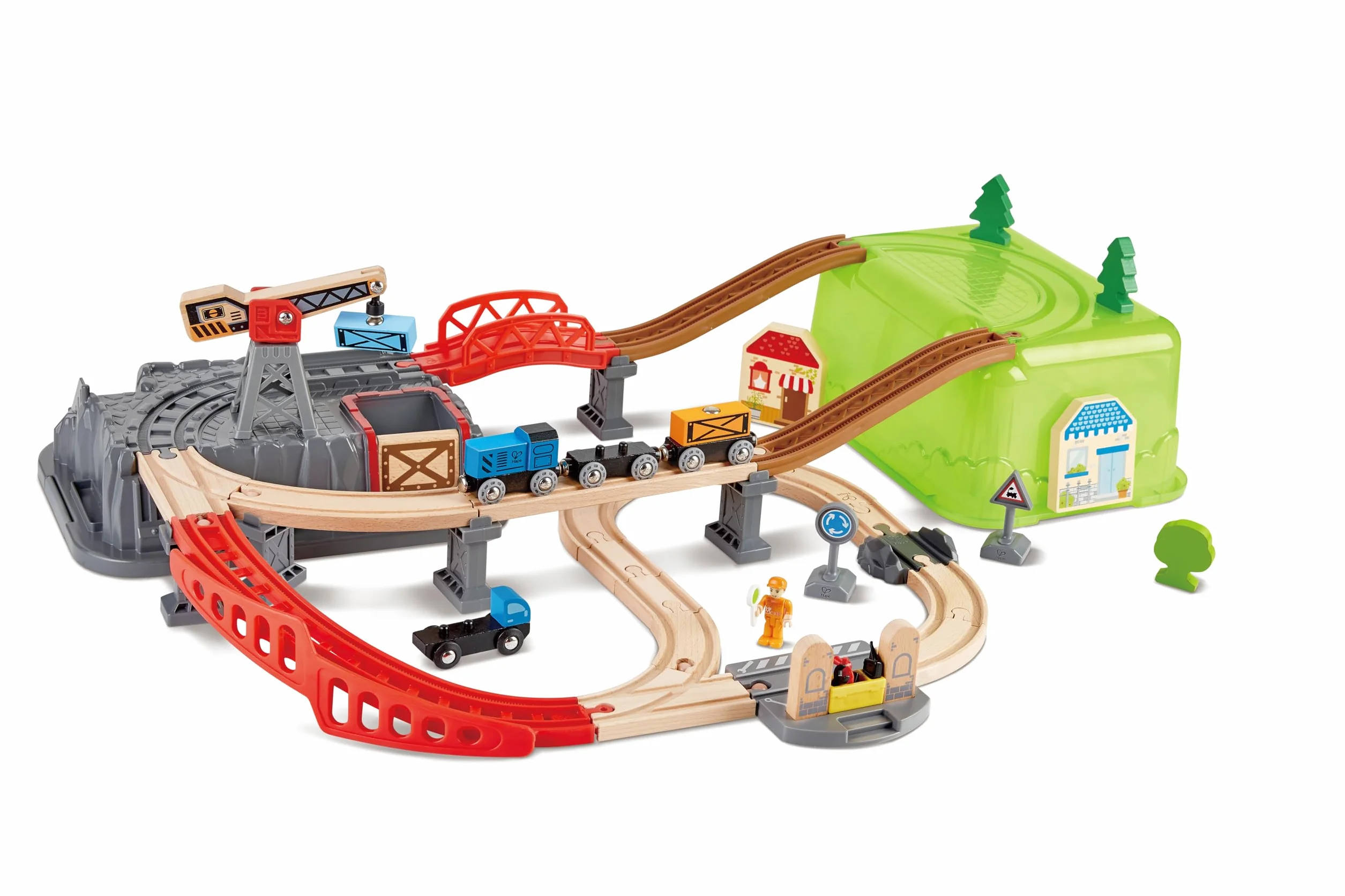 Hape Sustainable Wood Toy Train Railway Bucket 50-Piece Builder Set