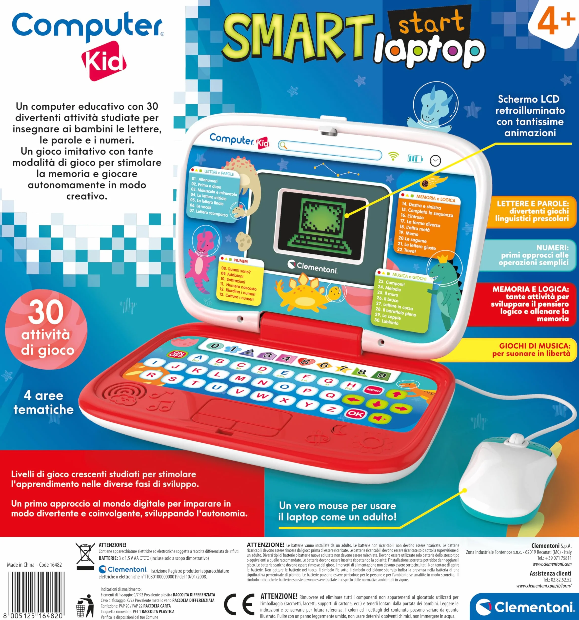Clementoni Smart Start Laptop - Gra Edukacyjna dla Dzieci 4+, Komputer do Nauki Liter, Cyfr i Nowych Słów, Elektroniczny Prezent, Technologia dla Najmłodszych, 16482
