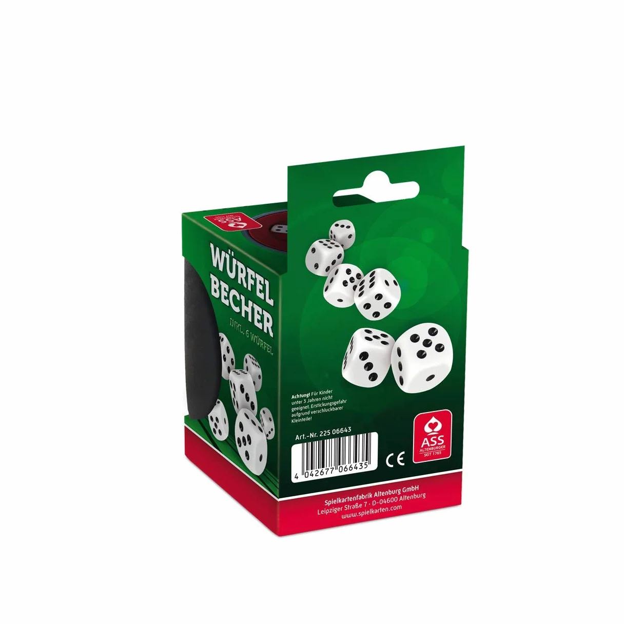 Würfelbecher mit 6 Würfeln, Aufh.-FS, VE 6