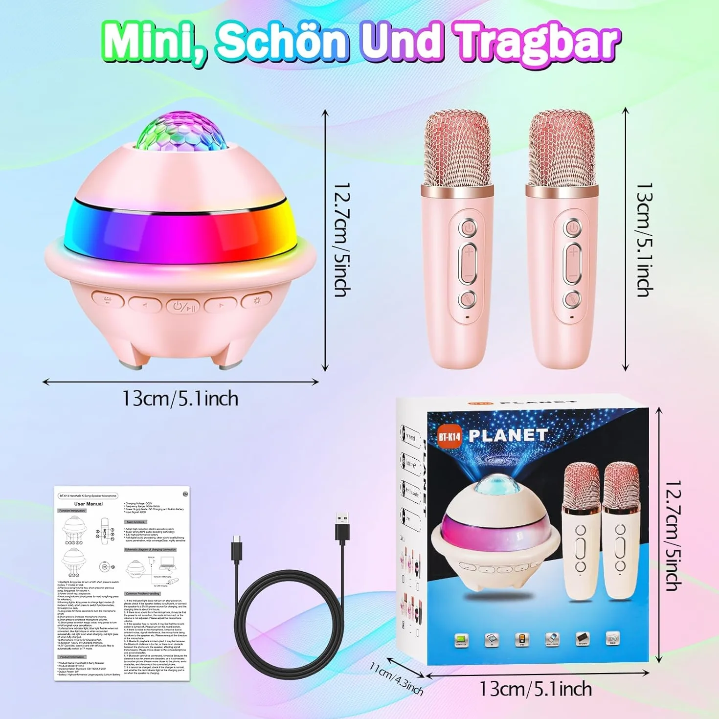 JONRRYIN Zestaw do karaoke z 2 mikrofonami, przenośna maszyna do karaoke Bluetooth dla dzieci ze światłem dyskotekowym i 5 efektami dźwiękowymi, głośnik Bluetooth dla dzieci, muzyka, prezent na Boże