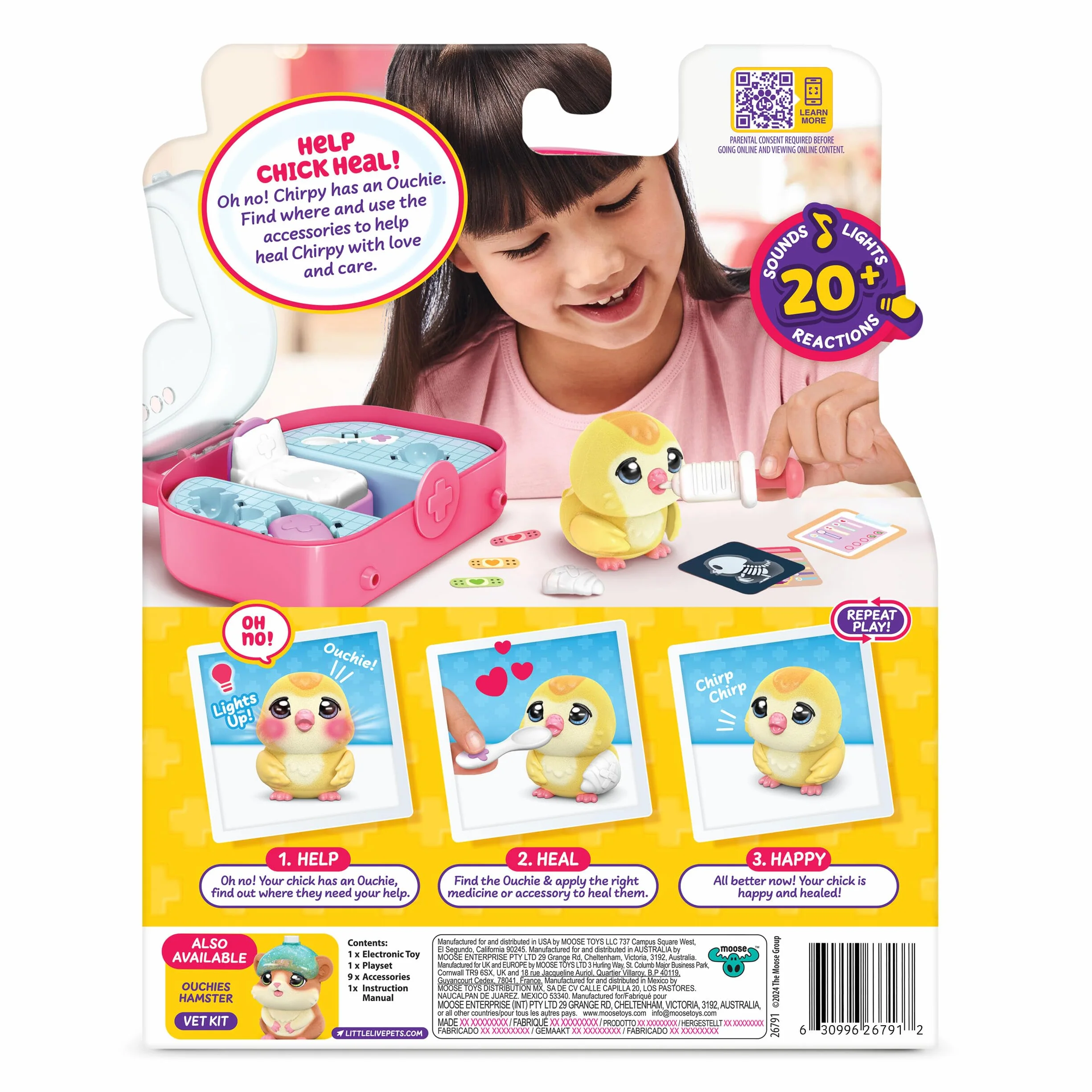 Little Live Pets Ouchies zestaw weterynaryjny - Chirpy Chick, zabawka interaktywna, świecące policzki, akcesoria i zestaw do zabawy 16,7 cm, diagnostyka i pielęgnacja, + 20 dźwięków i reakcji, gra