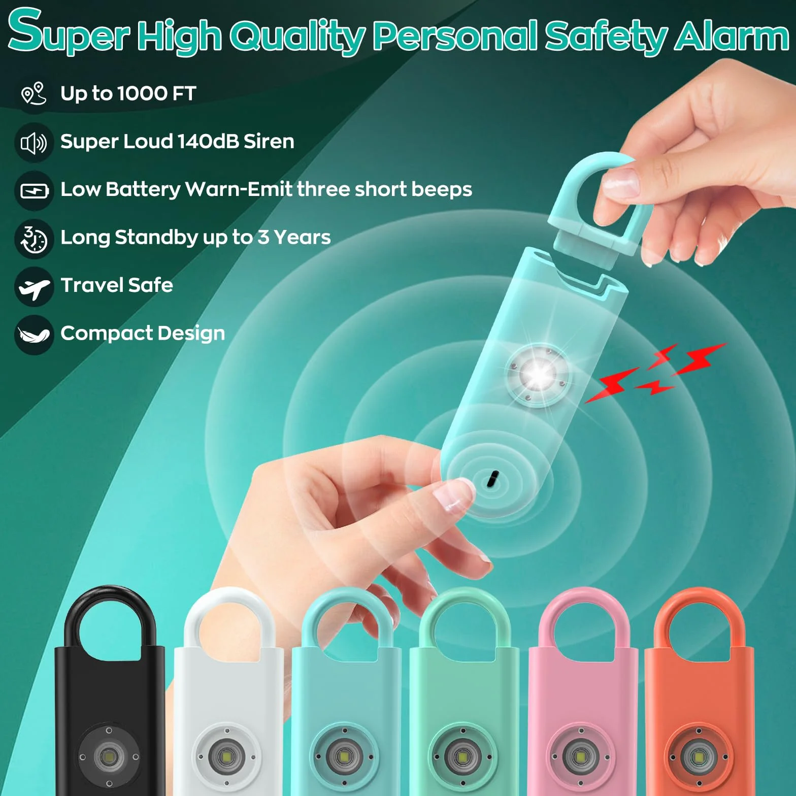 Fauxomor osobisty alarm dla kobiet, 3 sztuki 140 dB alarm bezpieczeństwa i samoobrony z powiadomieniem o niskim poziomie baterii i światłem stroboskopowym(Niebieski+Zielony+Różowy)