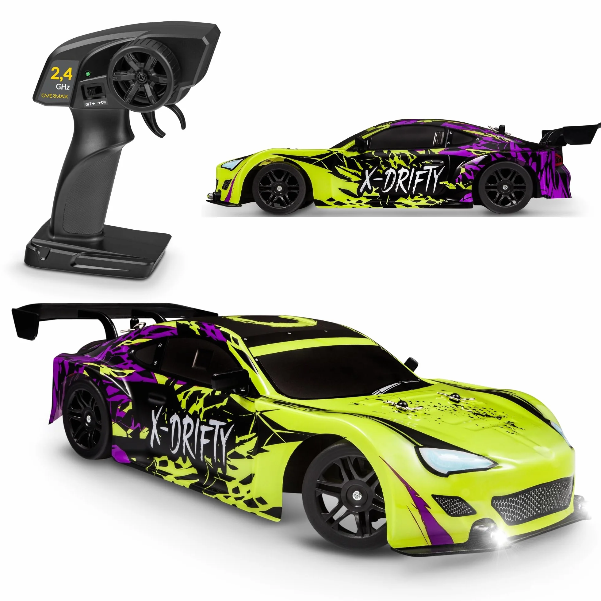 OVERMAX X-Drifty Zdalnie Sterowany Samochód RC dla Dzieci 3+, Auto do Driftu 1:16, 20 km/h, Zasięg do 80 m, napęd 4WD, 2 Baterie 500 mAh Zestaw Kół, Zestaw Przeszkód Naklejki