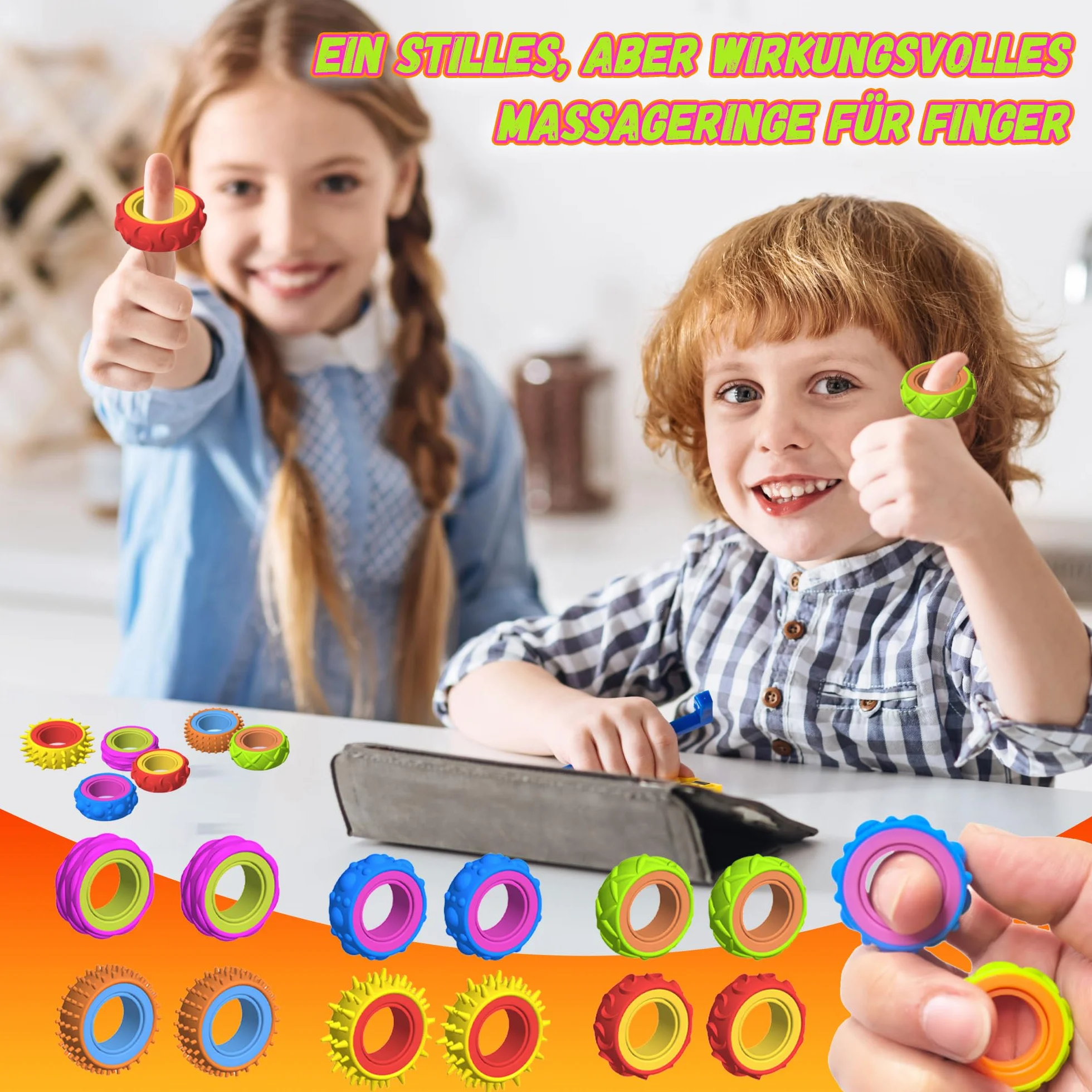Zestaw 12 zabawek Fidget Ring dla dzieci i dorosłych, silikonowe pierścienie antystresowe, Fidget Spinner do pomocy przy ADHD, do akupresury, zabawki autystyczne, pierścienie do masażu palców