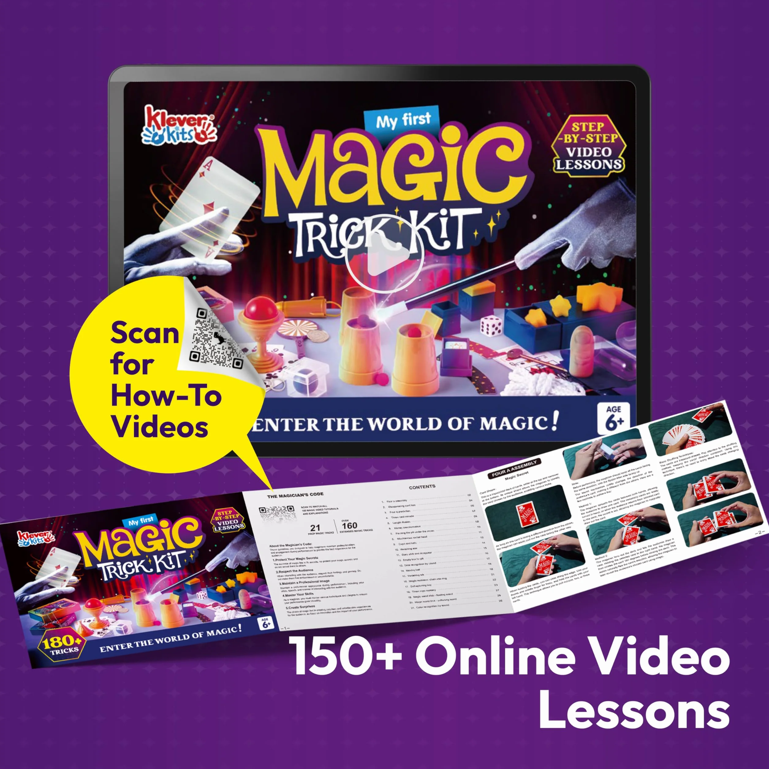 Klever Kits 180+ Magiczna gra Mój pierwszy magiczny zestaw sztuczek, niesamowita zabawka czarodzieja z lekcjami wideo krok po kroku, dla dzieci powyżej 6 lat i łatwe sztuczki magicznej różdżki, karty