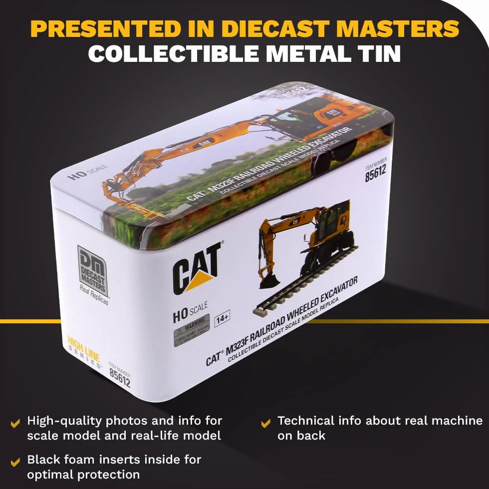 Diecast Masters 85612 - Caterpillar koparka M323F + akcesoria, wierny w szczegółach pojazd budowlany H0 CAT w metalowym pudełku, 1:87, ok. 9,5 x 3,4 x 4,6 cm, 14+, do modeli kolejek i kolekcjonerów