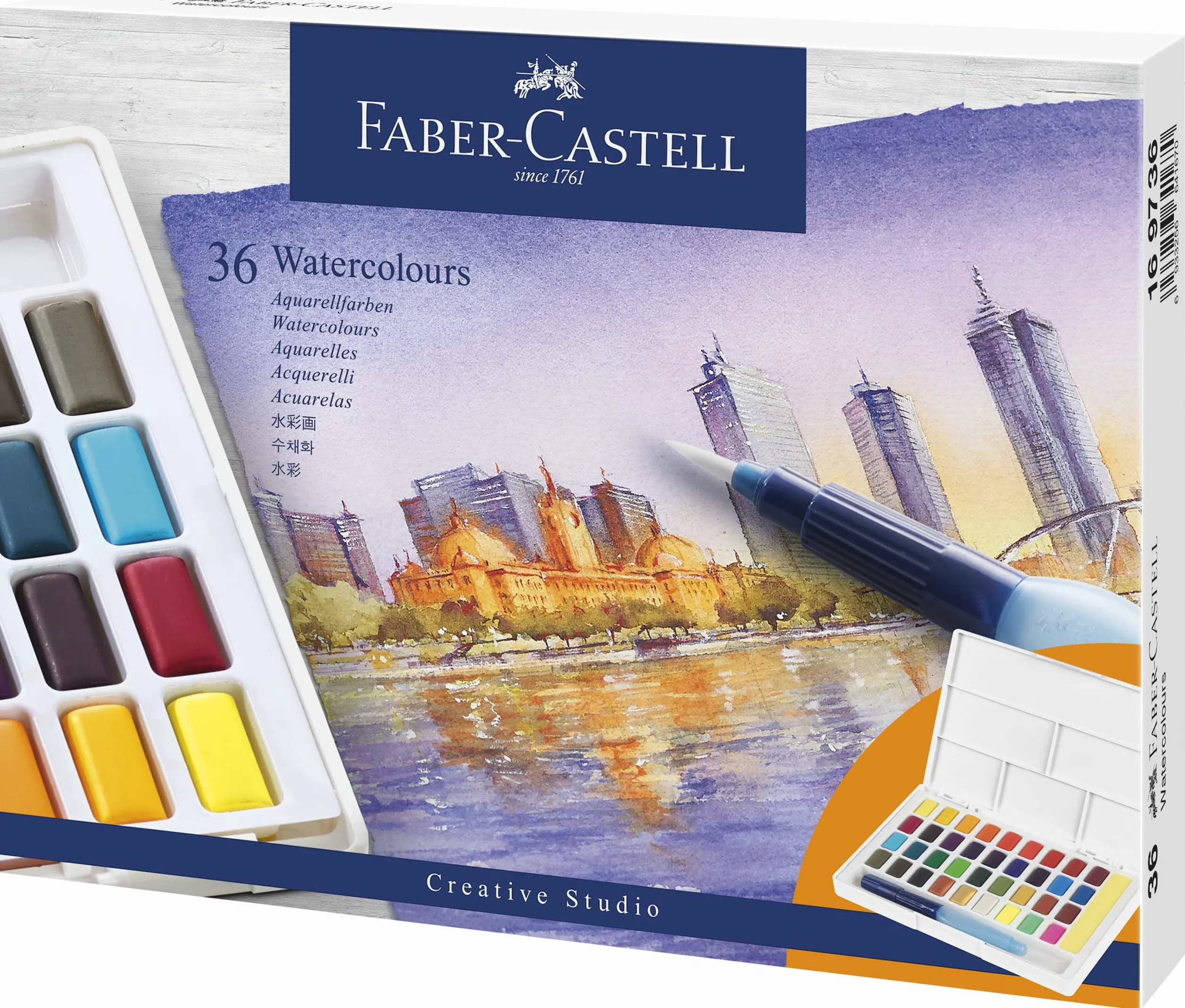 FABER-CASTELL Farby akwarelowe 36 sztuk w kubeczkach z pędzelkiem z zbiornikiem na wodę