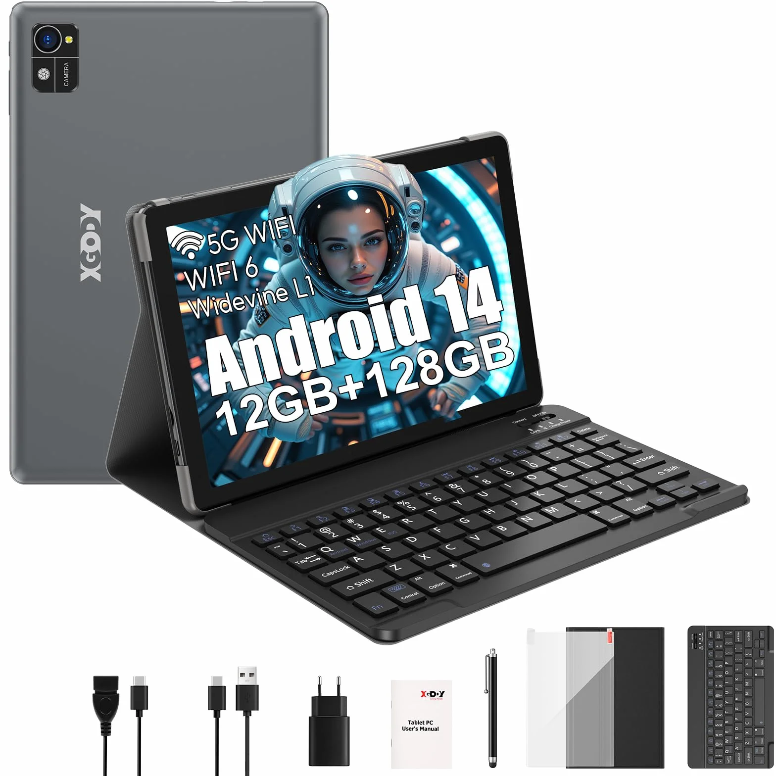 XGODY Tablet 10-calowy Android 13 z klawiaturą 2,4 G/5G WLAN 4-rdzeniowy 2,0 GHz | 12 GB RAM + 128 GB ROM (TF 1 TB) | FHD | aparat 5 + 13 MP | 7000 mAh | Bluetooth 5.0, tablet PC – szary