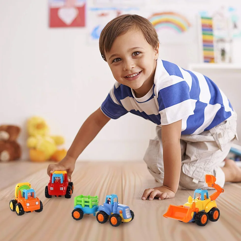 Coogam Push and Go Autos Reibung Angetriebenes Baufahrzeug Frühes Pädagogisches Spielzeug für 1 2 3 Jahre Alte Baby Kleinkinder - Satz von 4 - Traktor-Planierraupe-Betonmischer-LKW und Kipper