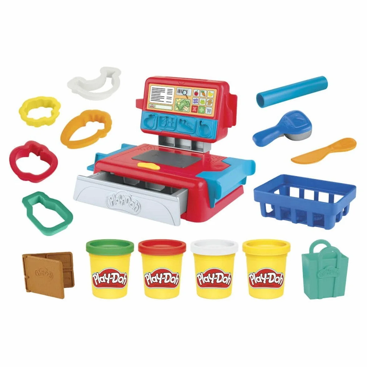 Kasa sklepowa Play-Doh, zabawka dla dzieci w wieku od 3 lat z wesołymi dźwiękami, akcesoriami do sztucznego jedzenia i nietoksyczną ciastoliną Play-Doh w 4 kolorach