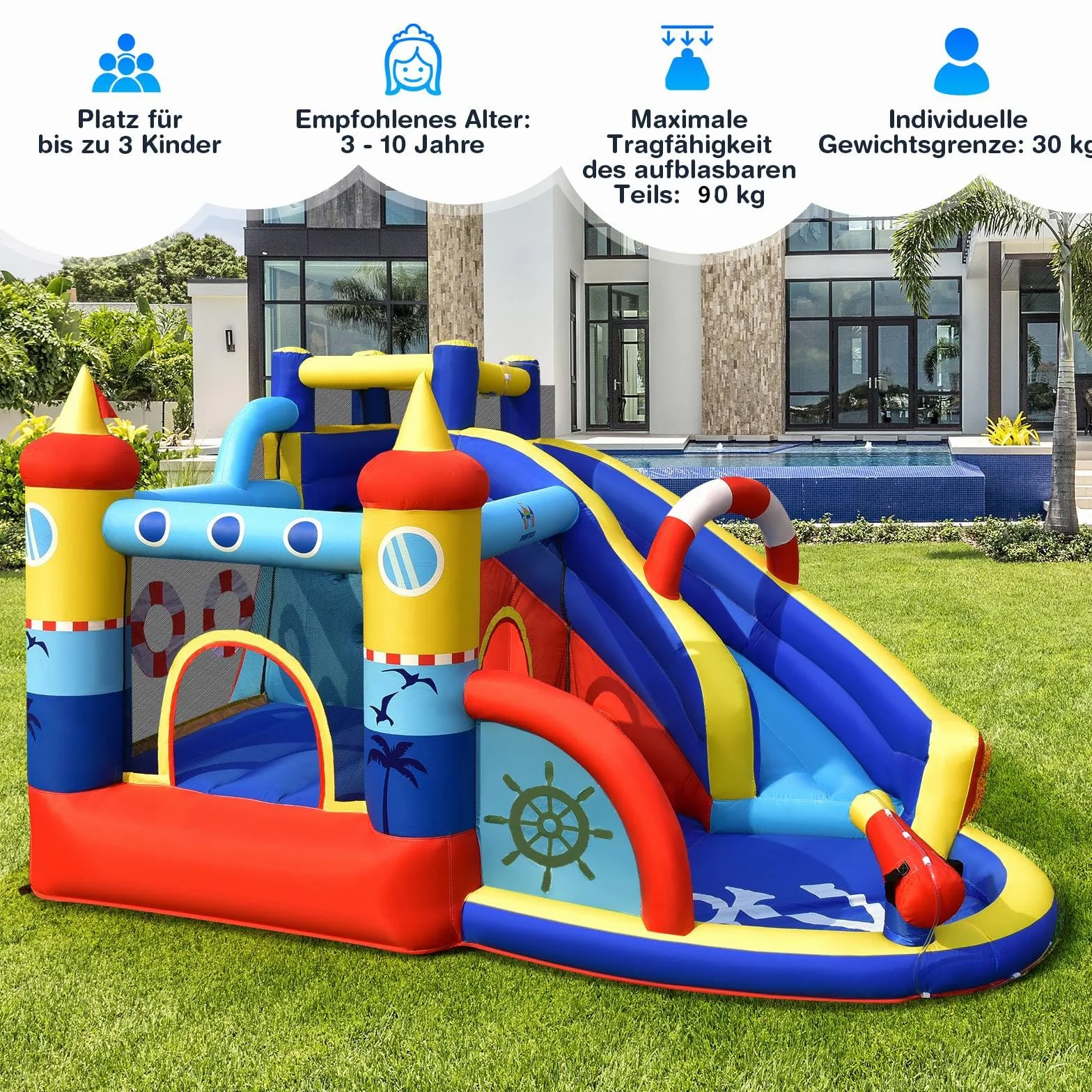 COSTWAY Nadmuchiwany zamek dmuchany z dmuchawą 550 W, park wodny 6 w 1 ze zjeżdżalnią i brodzikiem, do użytku na zewnątrz dla dzieci, do ogrodu, 360 x 290 x 200 cm