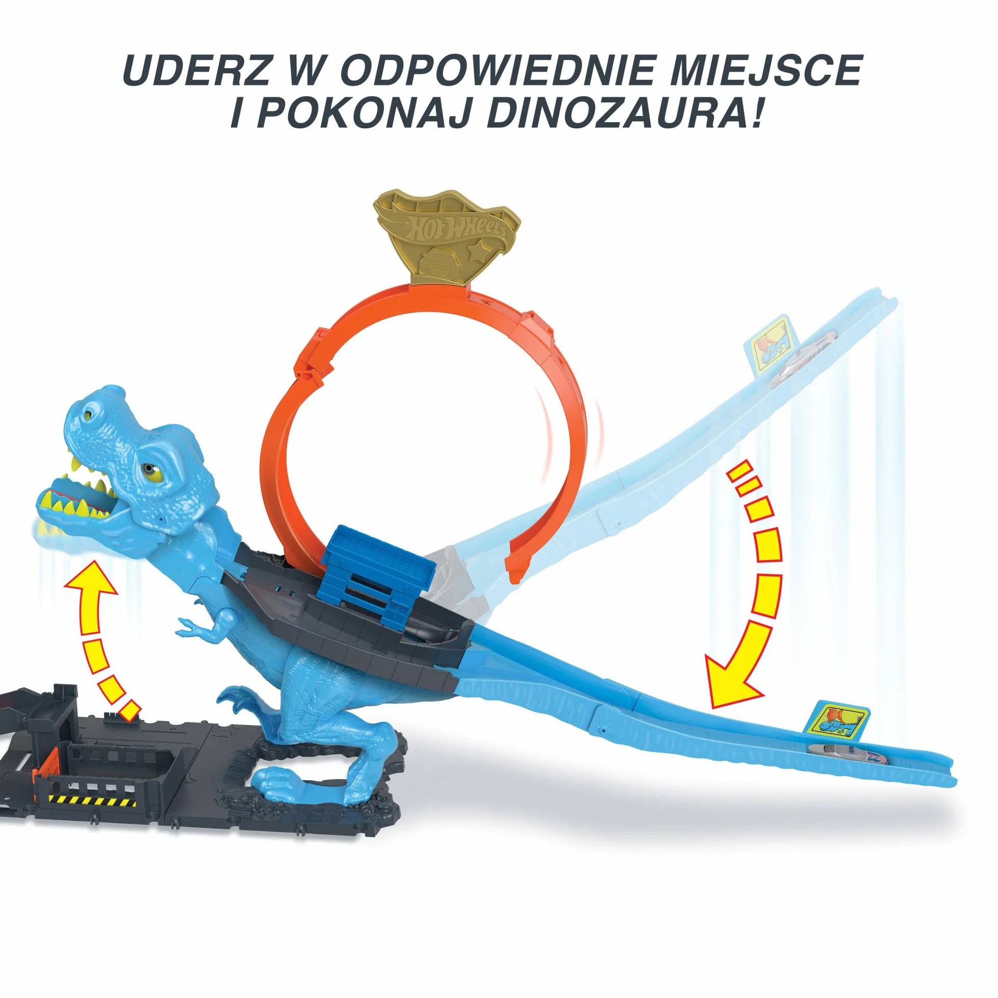 Hot Wheels City Pętla T-Rexa Zestaw z ogromną pętlą i starciem z dużym dinozaurem, HNP77