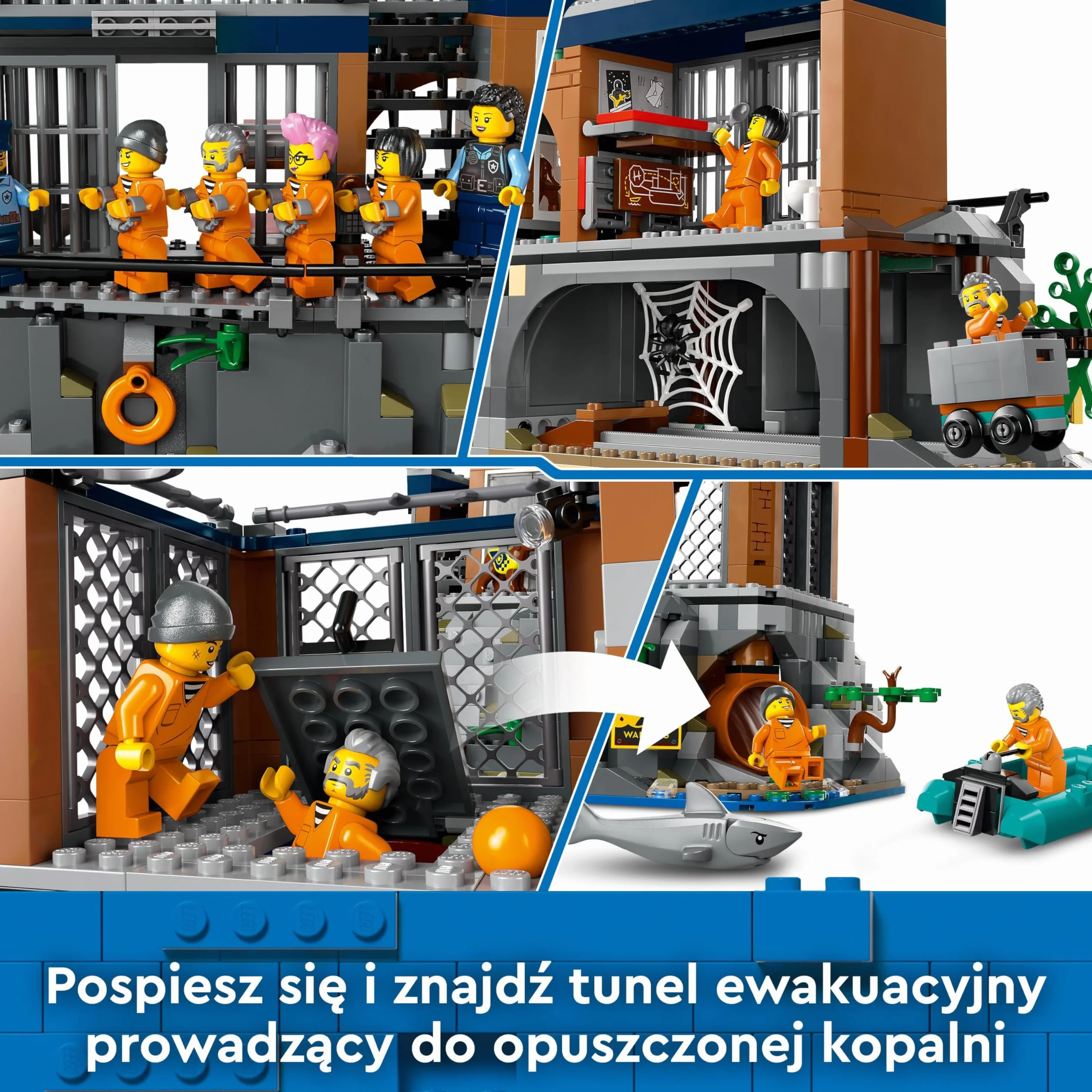 LEGO City Policja z Więziennej Wyspy 60419 dla chłopców i dziewczynek w wieku od siedmiu lat, którzy uwielbiają twórczą zabawę; helikopter, łódka i ponton, siedem minifigurek oraz figurki psa i rekina