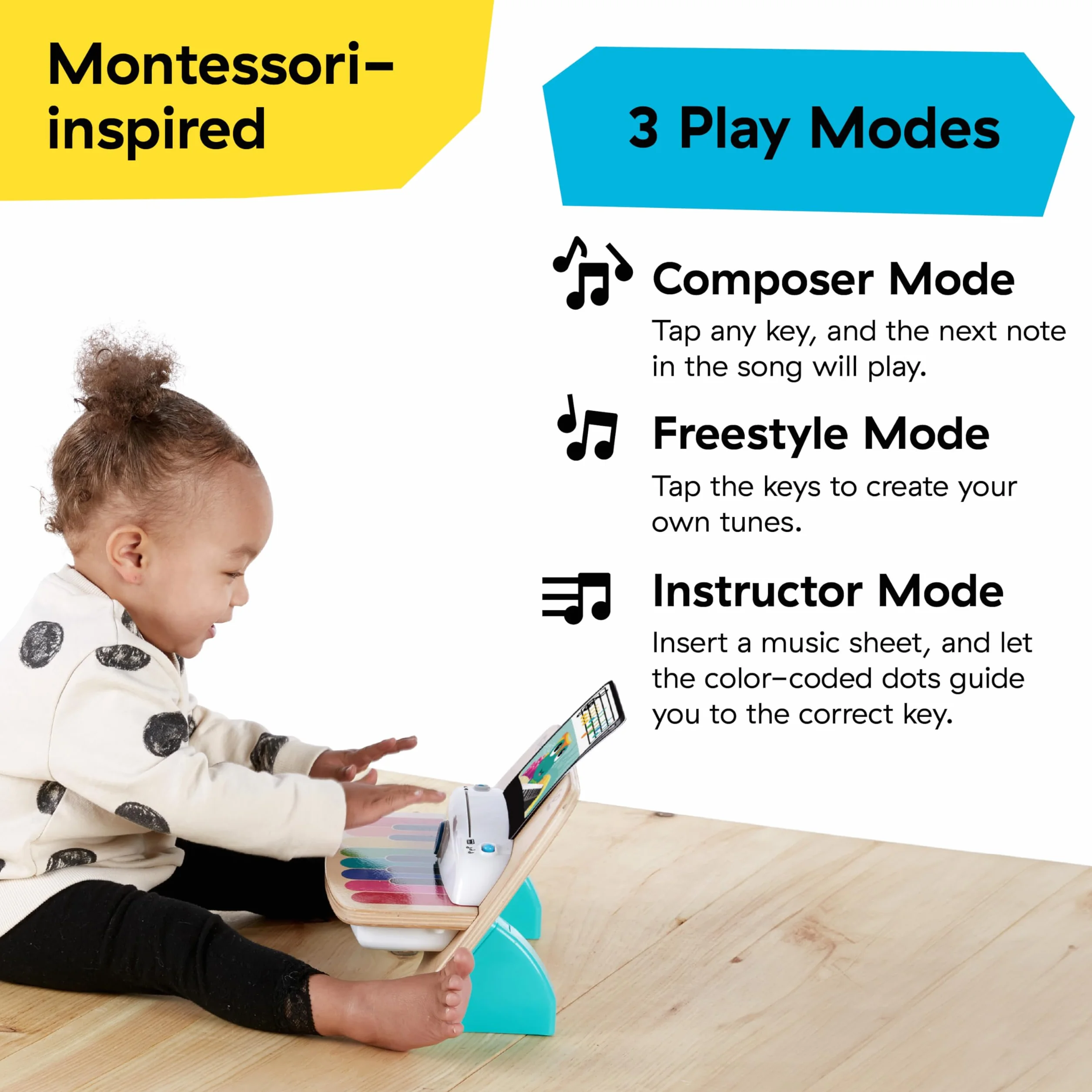 Baby Einstein Hape Magic Touch Piano Wooden Musical Toy Instruments for Toddlers, 2 Play Modes, 6 Songs, Volume Control, Age 6 Months +
