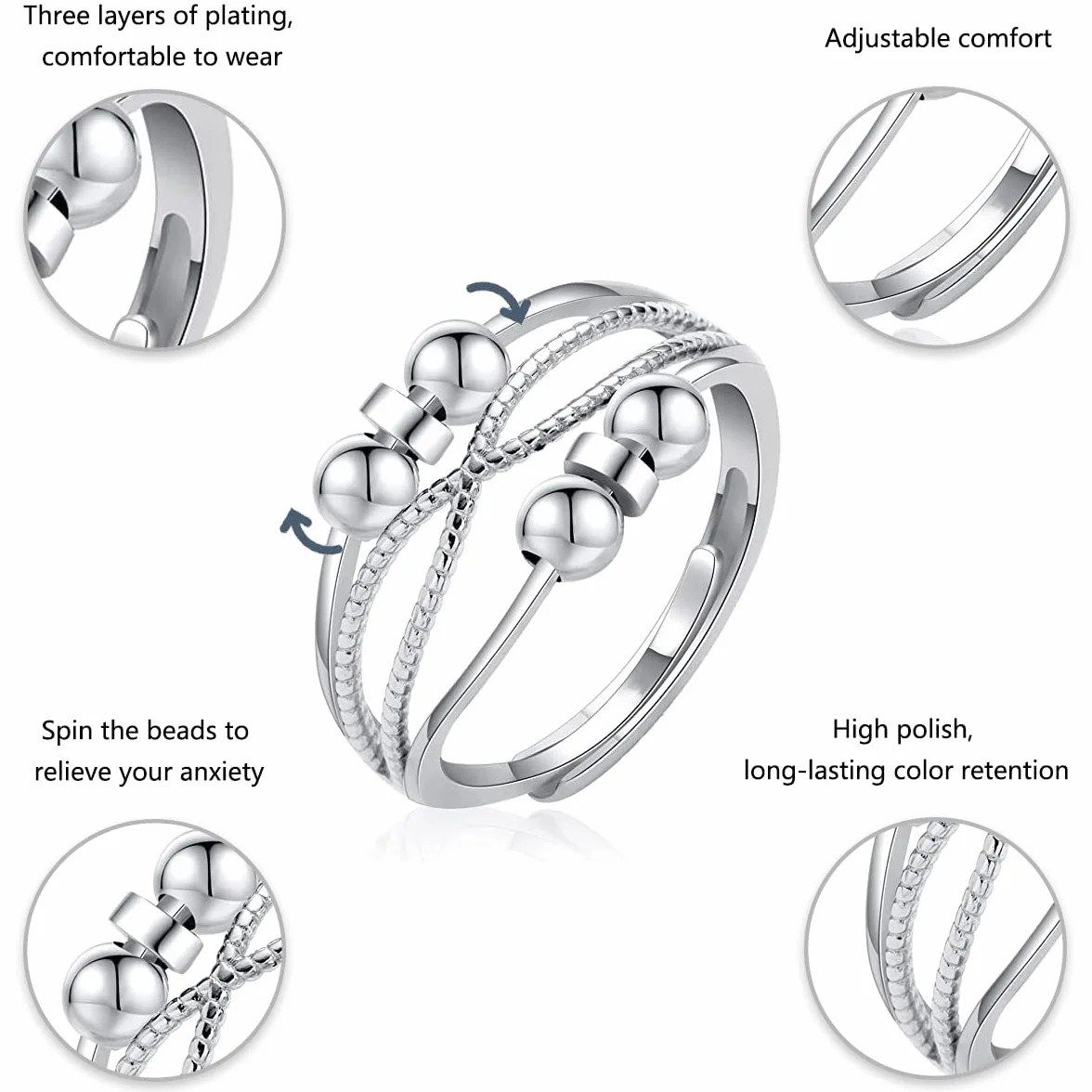 Fidget Ring antystresowy srebrny regulowany dla kobiet