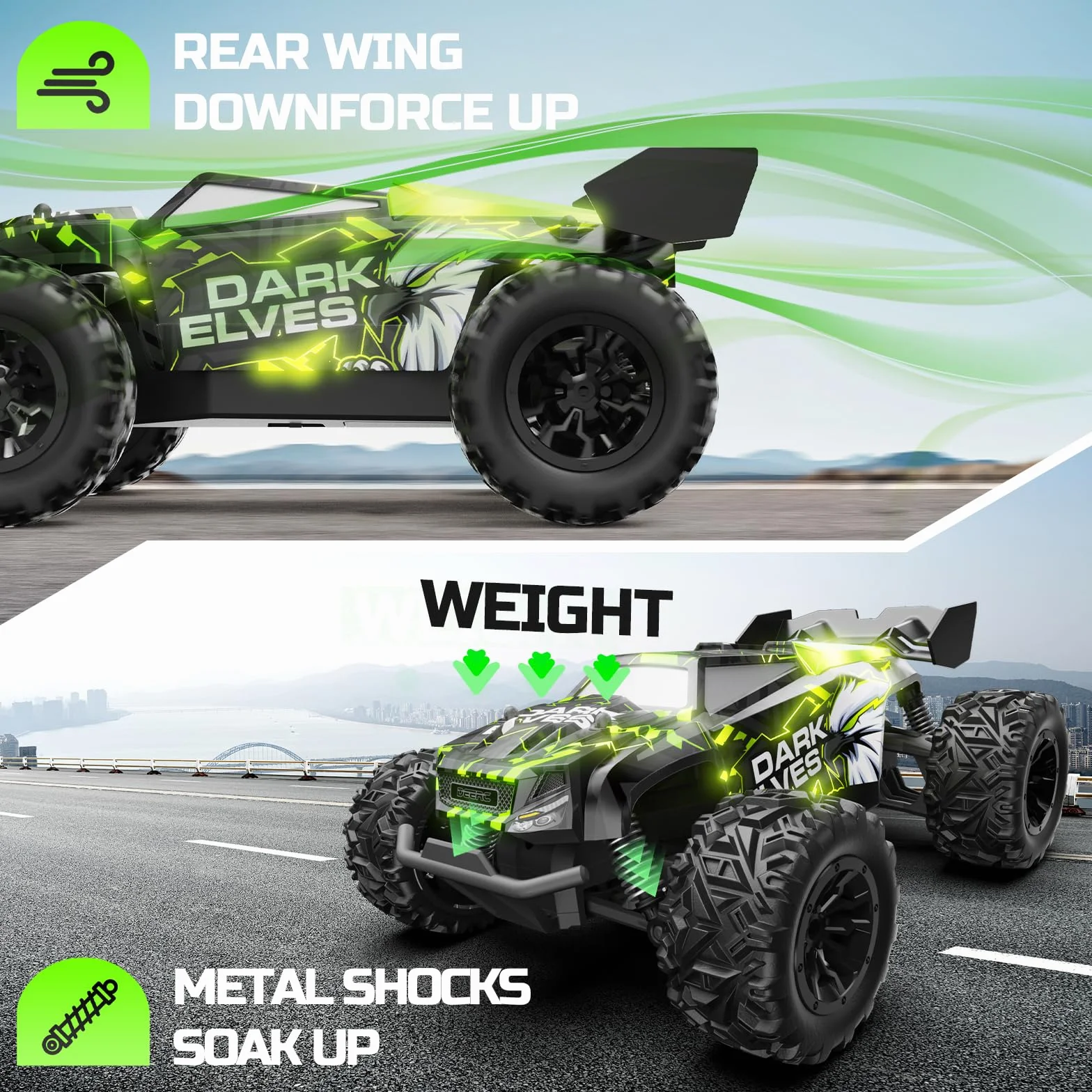 DEERC Samochód zdalnie sterowany, podświetlane samochody RC 2,4 GHz z 2 akumulatorami do 40 minut gry, zabawka terenowa Monster Truck dla chłopców i dzieci od 8 lat..