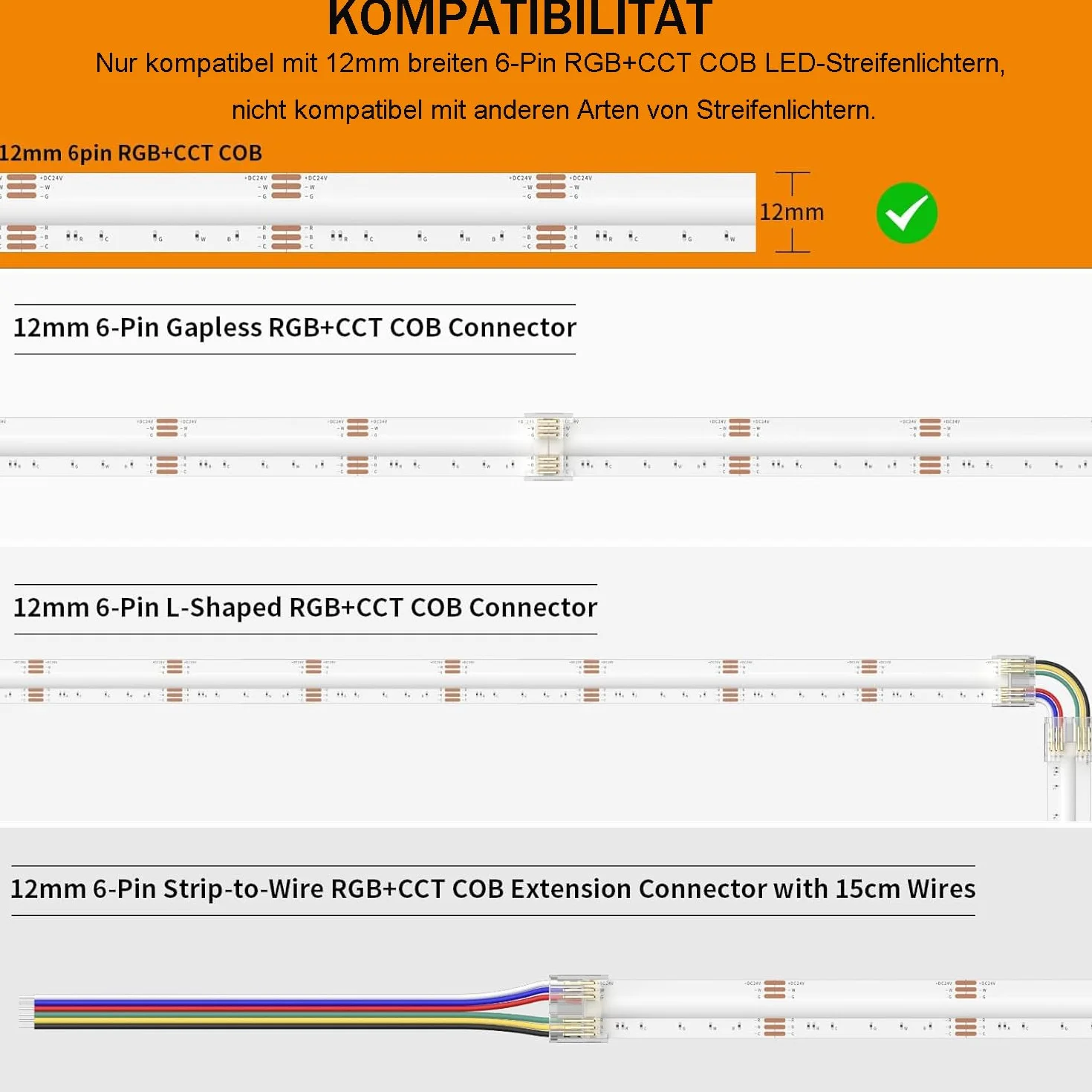 Zestaw złączy LED COB RGB+CCT 12mm 6-stykowy – 5szt do taśmy, 4szt narożniki w kształcie L, 4szt 10cm przedłużacze do przewodu, kompatybilny z taśmami LED FCOB 6-stykowymi RGB+CCT