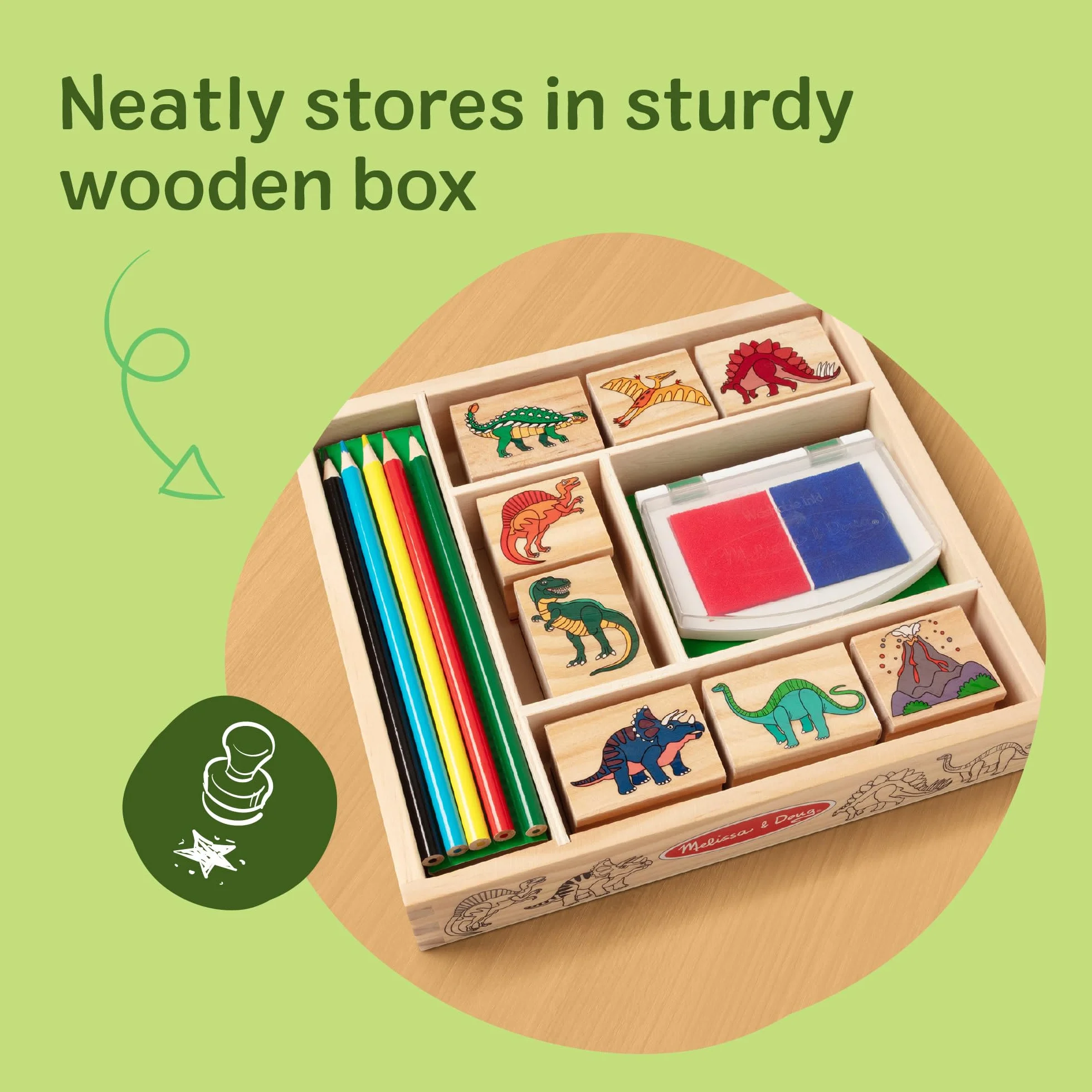 Melissa & Doug Zestaw stempli Dinozaury z kolorowymi ołówkami dla dzieci | Zabawa kreatywna | Drewniane pieczątki I stemple dla dzieci | Prezent dla chłopców i dziewczynek w wieku 3 4 5 6 lat