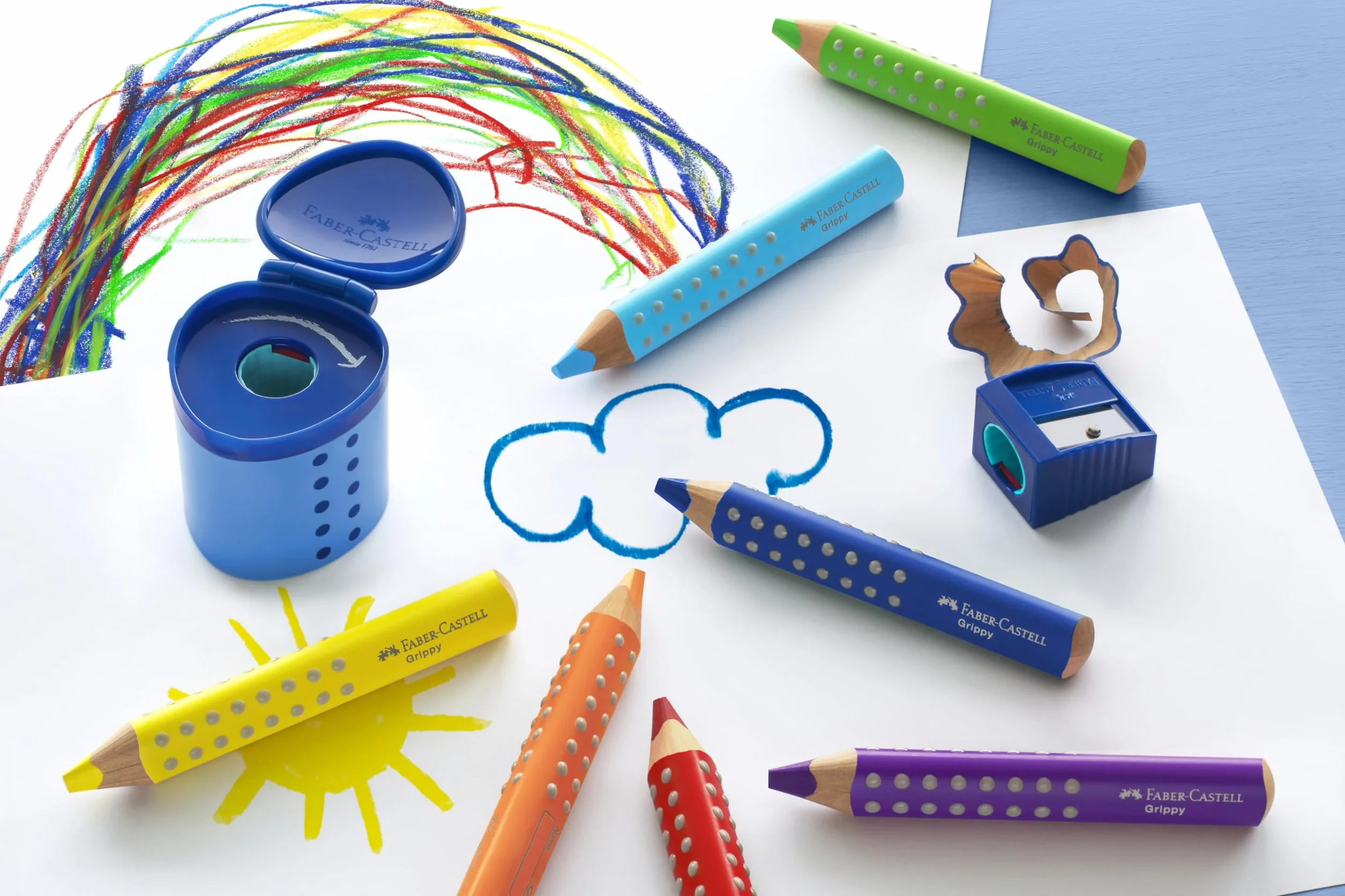 FABER-CASTELL 110645 Grippy zestaw 16 kredek Jumbo dla małych dzieci, łatwe do zmywania kredki dla dzieci, ergonomiczny trójkątny kształt, grube kredki, wkład o grubości 10 mm, temperówka w zestawie