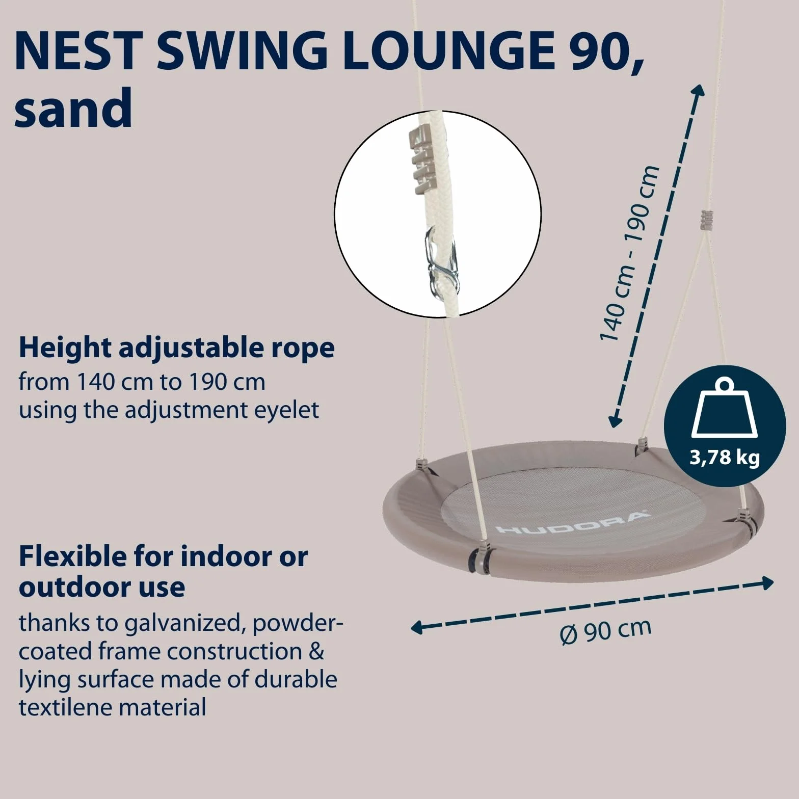 HUDORA Huśtawka gniazdowa Lounge – huśtawka z regulacją wysokości o średnicy 90/110 cm, do 150 kg, huśtawka wisząca z zamkniętym siedziskiem, do użytku wewnątrz i na zewnątrz