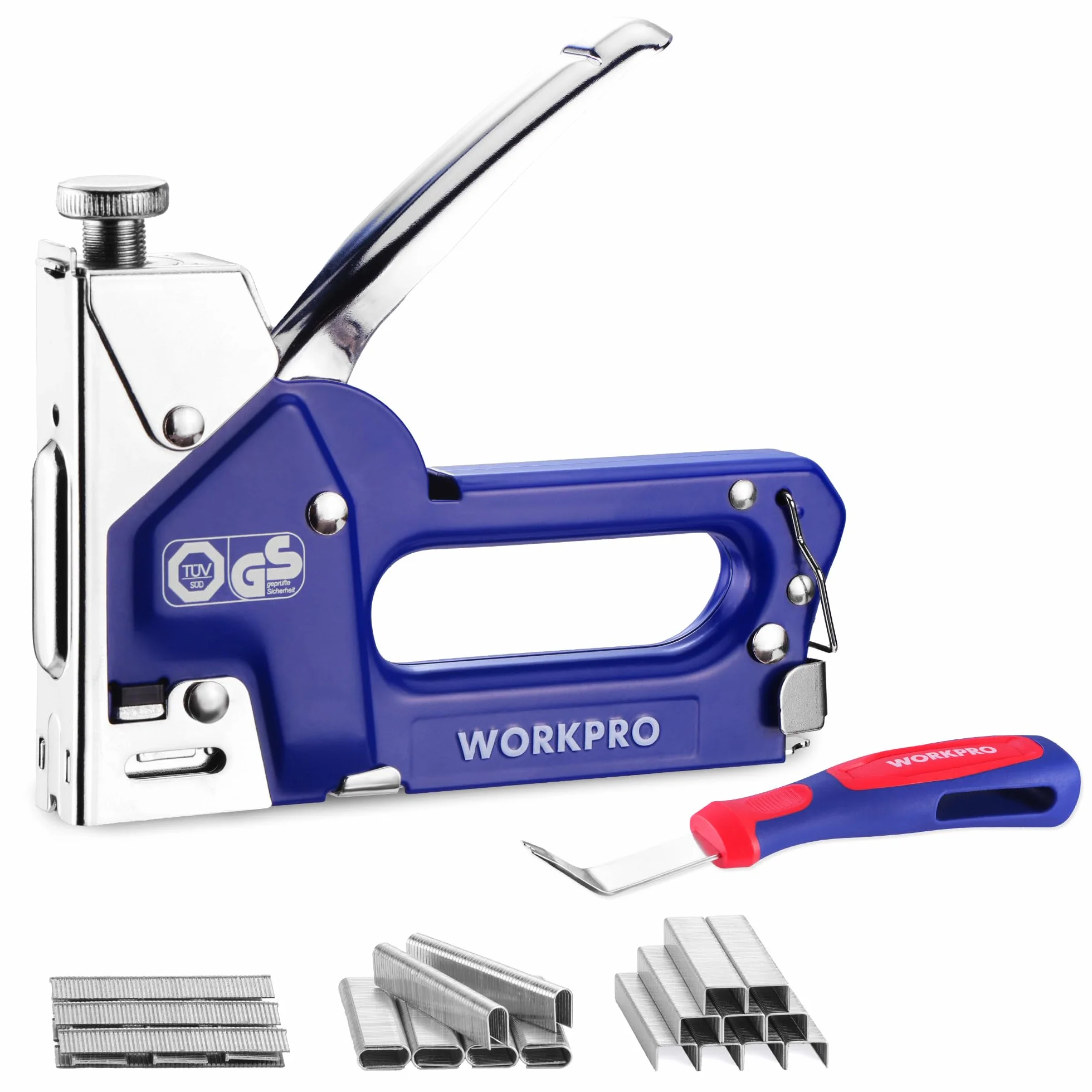 WORKPRO 3-w-1 wytrzymały pistolet do zszywek, ręczny zszywacz certyfikowany TÜV GS z regulowaną siłą, 1500 zszywek i narzędzem do usuwania zszywek, kompatybilny z zszywkami T50/BN18/U-Type do drewna i