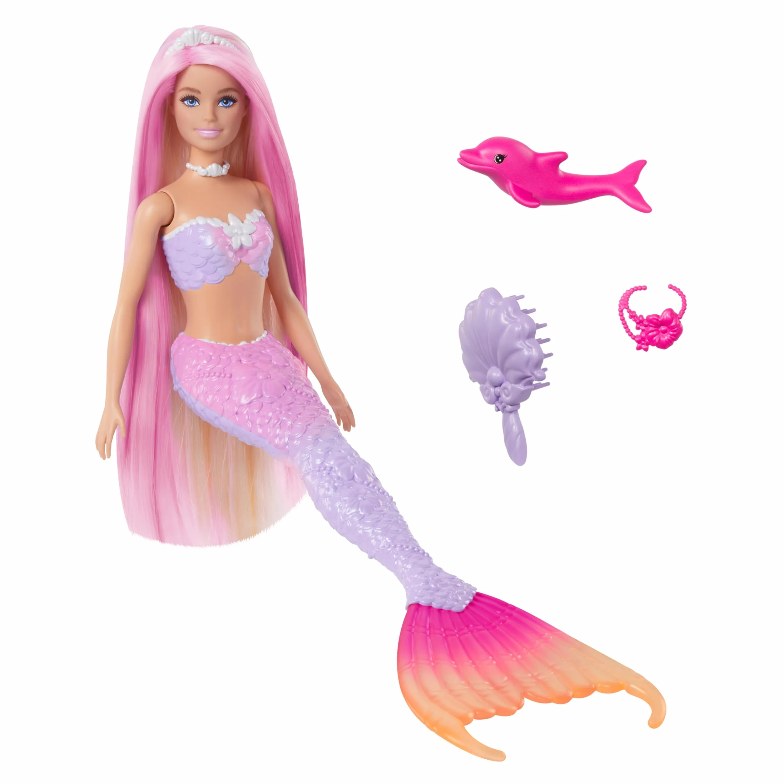 Barbie Malibu Syrenka Zmiana koloru Lalka z różowymi włosami, akcesoriami do stylizacji, delfinkiem i funkcją zmiany koloru aktywowaną wodą, HRP97