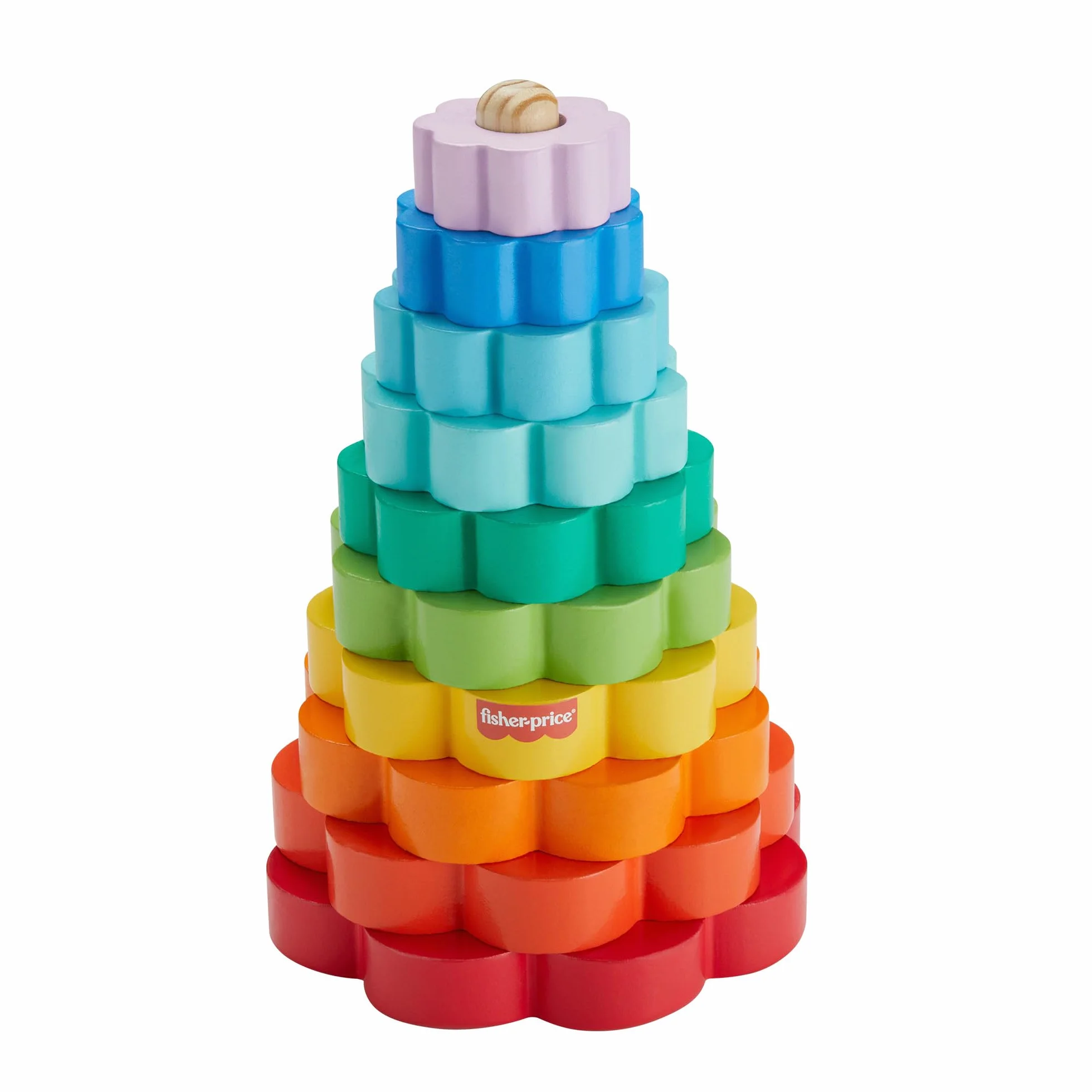 Fisher-Price Drewniana piramidka Kolorowe kwiatki Zestaw z 10 elementami do zabawy w układanie Zabawka drewniana dla dzieci od 18 miesiąca życia, HXT77