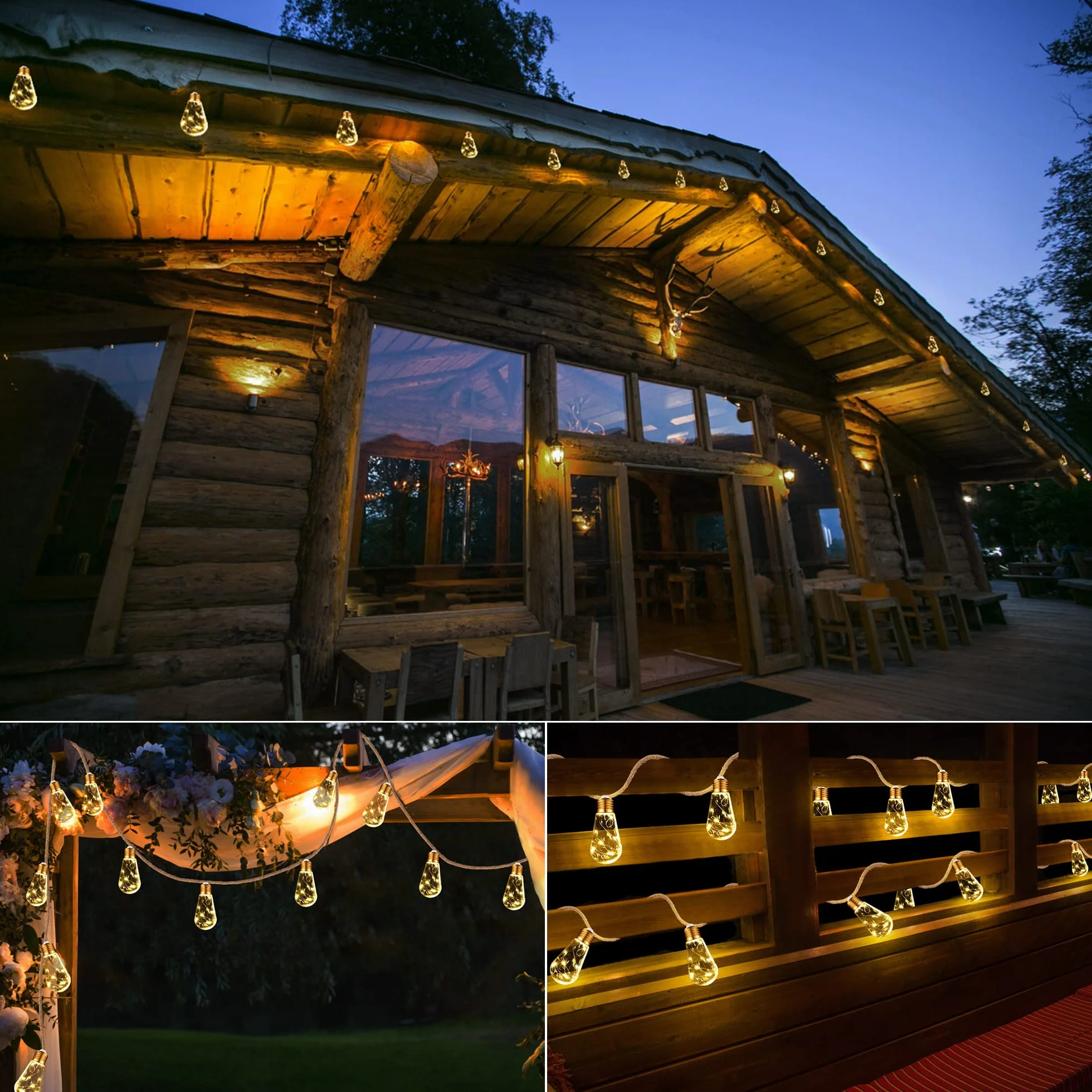Geemoo Solarny łańcuch świetlny z liny konopnej, 8 m, 160 LED, wodoodporny, z 16 nietłukącymi się żarówkami, do ogrodu, na patio, imprezę, podwórko, dekoracja bożonarodzeniowa (ciepła biel)