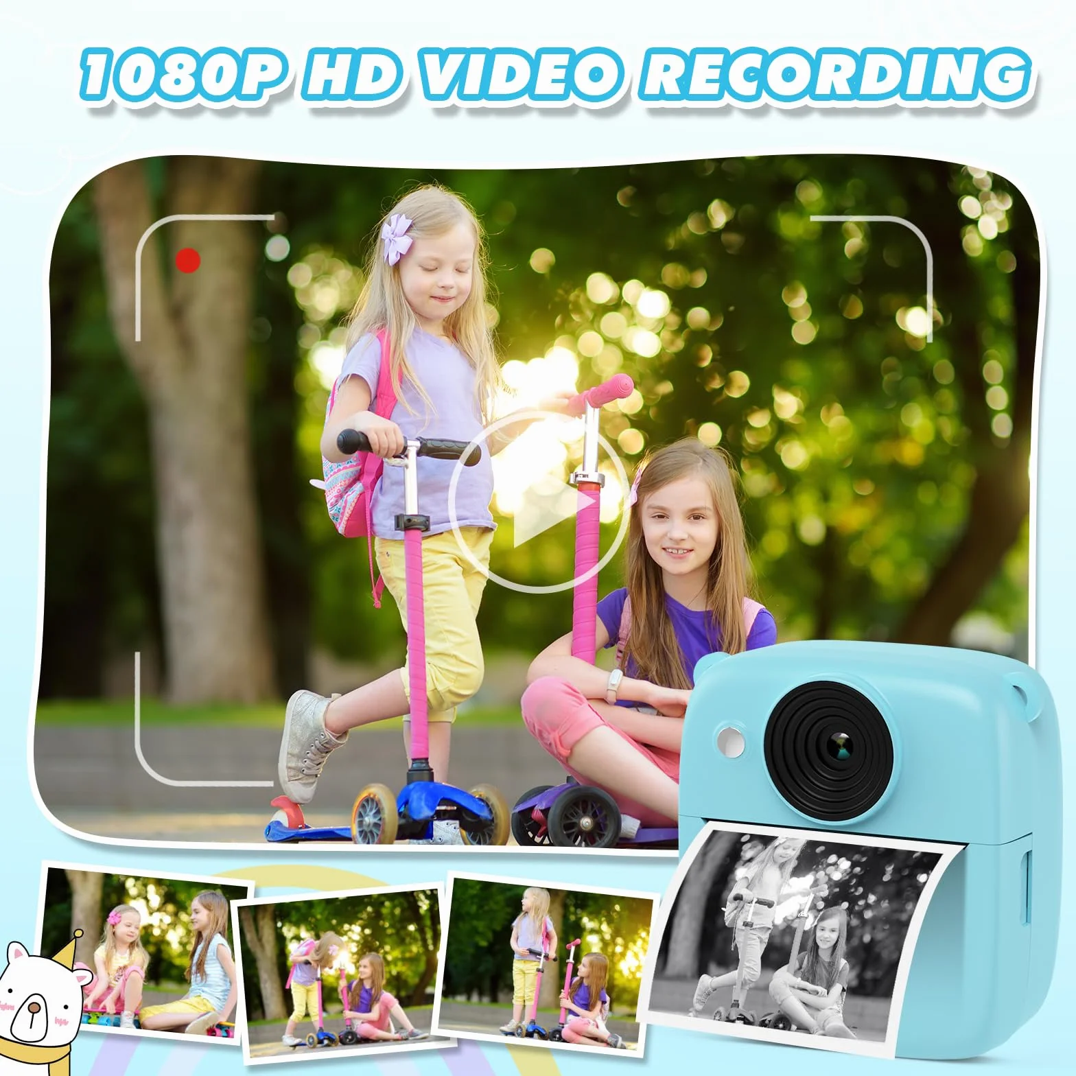 Aparat do natychmiastowego druku dla dzieci 48 MP Cyfrowe Kamery Wideo z Kartą 32 GB i Papierem Fotograficznym Niebieski