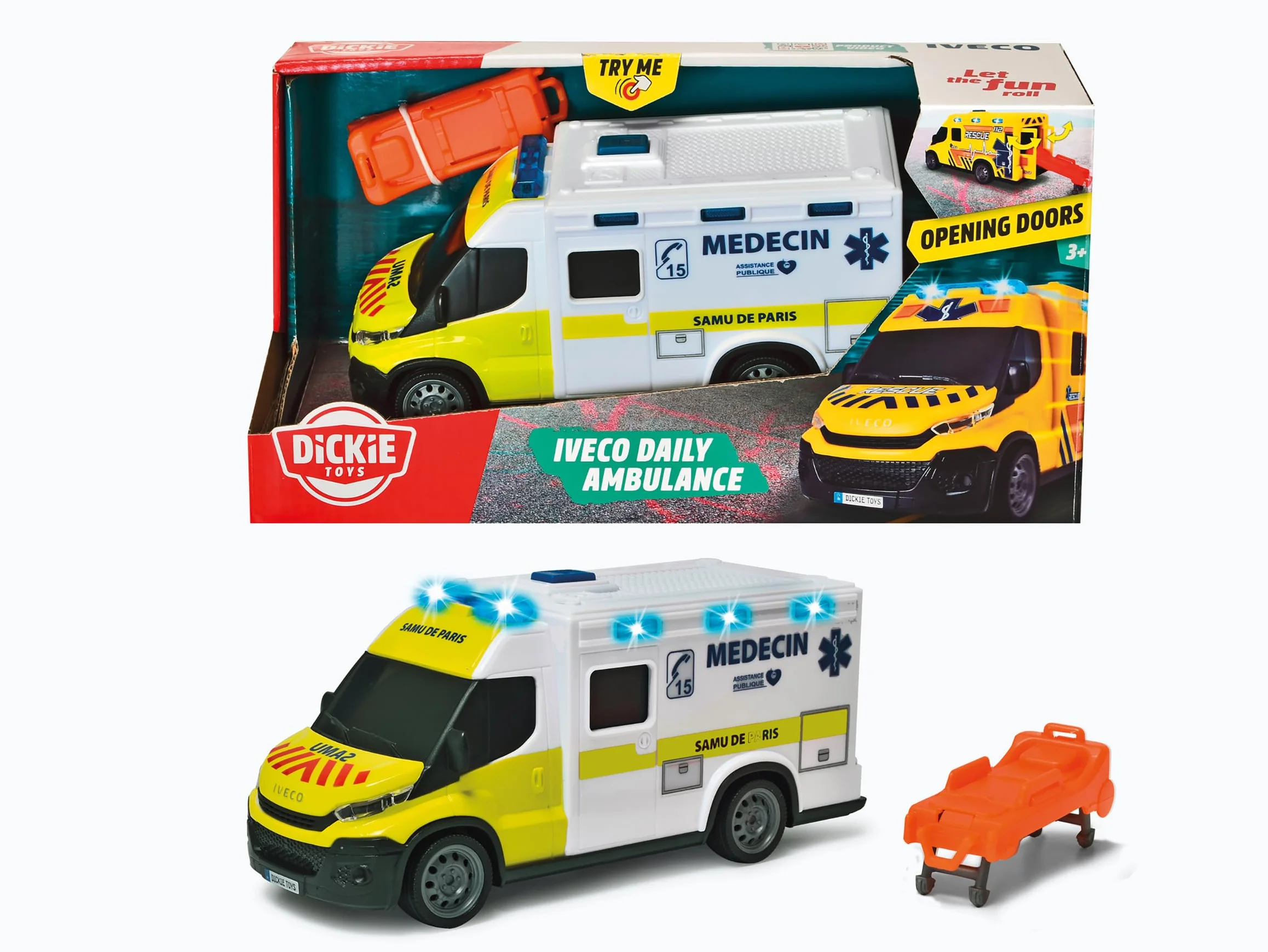 Dickie - Samu Karetka 18cm - Pojazd Skala 1/18 - Dźwięki i światła - Nosze w zestawie - Od 3 lat - 203713014002
