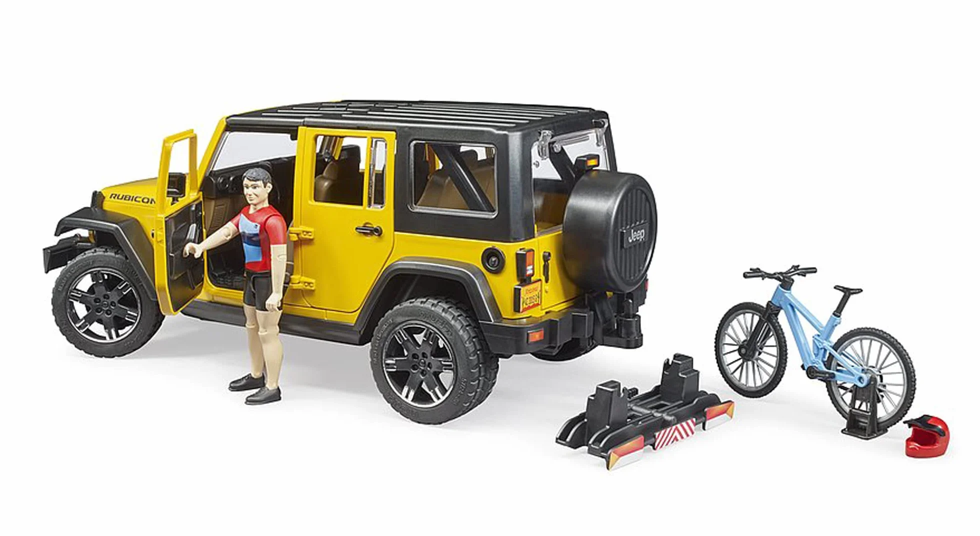 bruder 02543 - Jeep Wrangler Rubicon Unlimited z rowerem górskim i rowerzystą, pojazd terenowy, rower, figurka zabawki