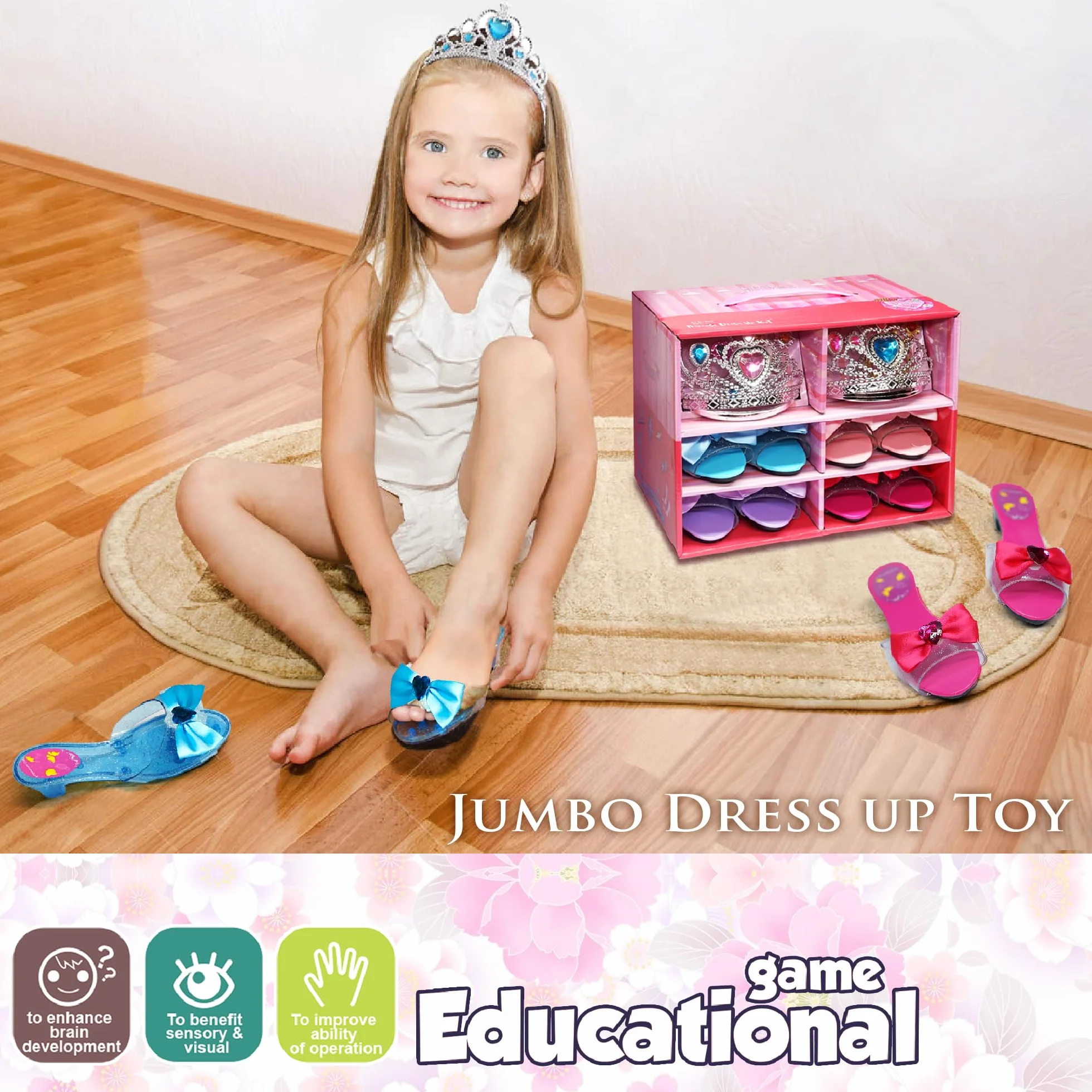 Princess Dress Up dziewczęce buty – buty dla małych dzieci do zabawy i udawanie biżuterii, zestaw akcesoriów, zabawka dla dzieci z koroną, pierścionek, bransoletka dla małych dziewczynek w wieku 3-6