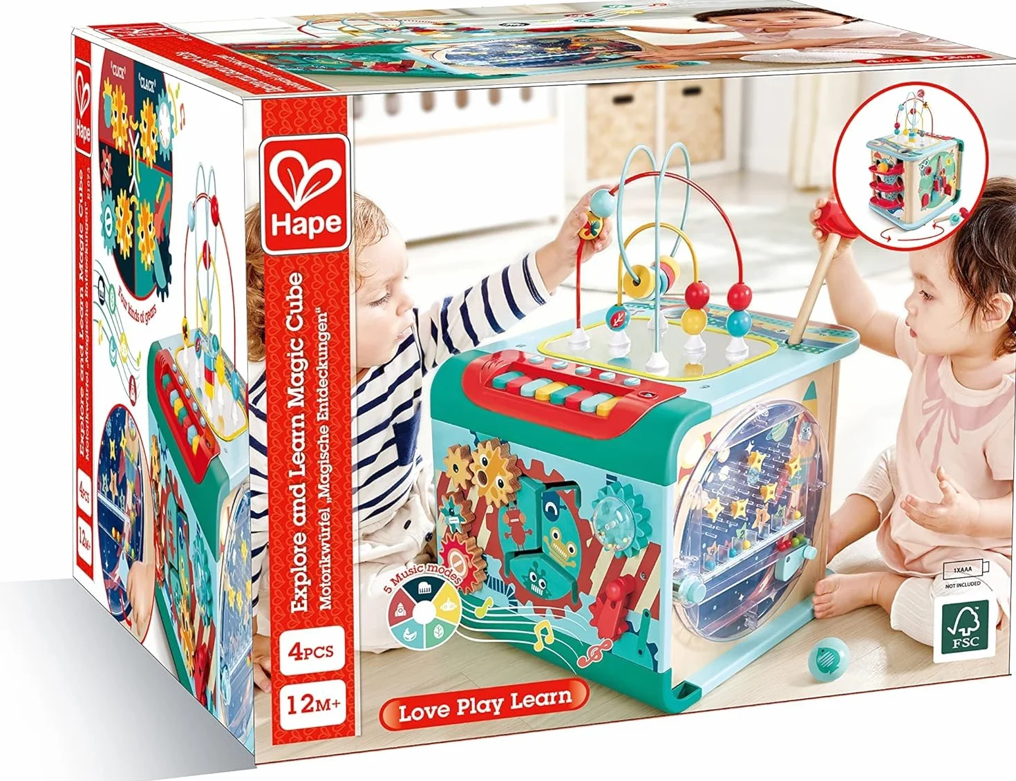 Hape Magiczna kostka motoryczna - centrum aktywności dla dzieci 1 rok - 5 stron aktywności - zwierzęta, kształty, labirynt, drewniane piłki, gra sortowania, koło, wyrównywanie - przebudzenie zabawy i