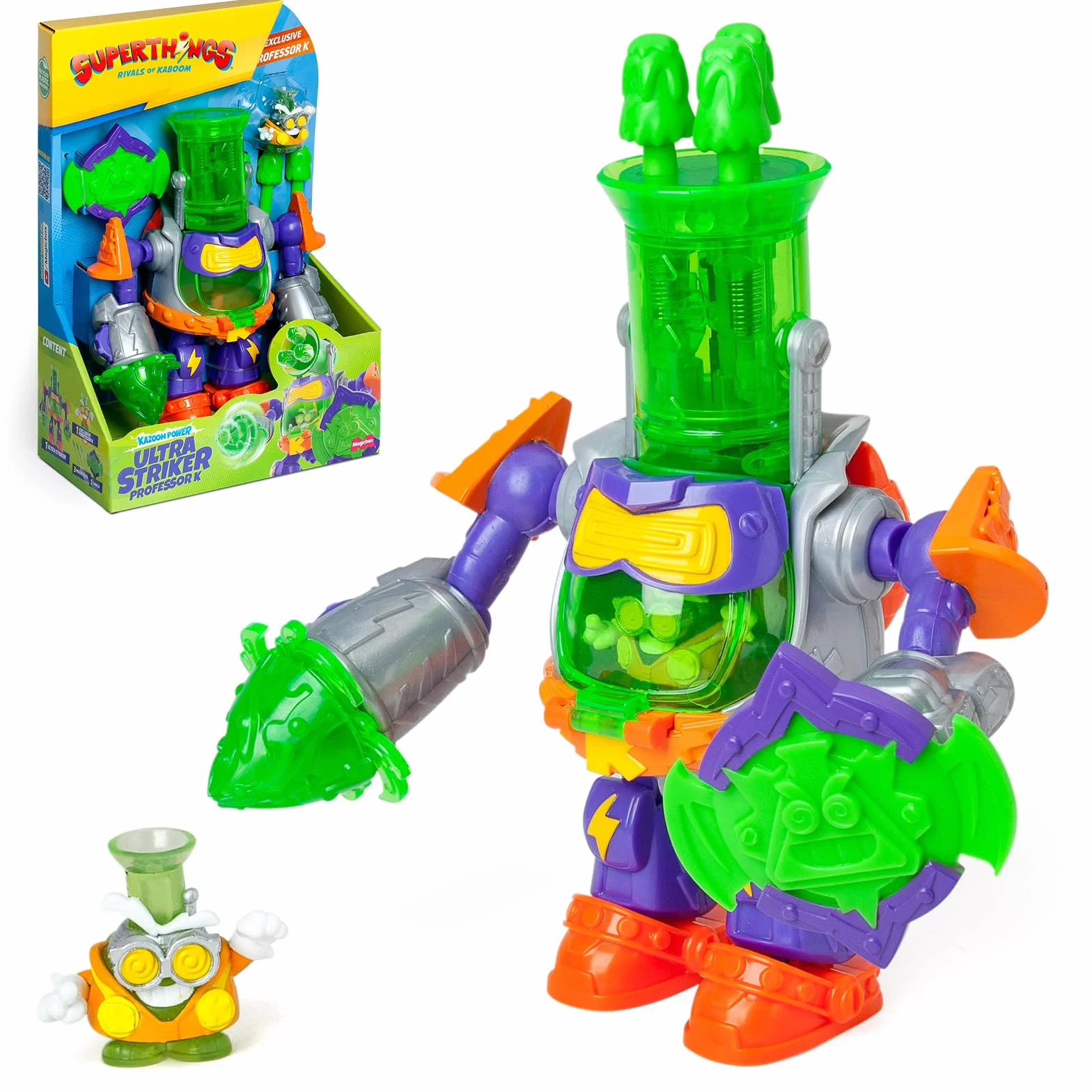 SuperThings, Ultra Striker, profesor K.Robot Ultra Striker, profesor K z serialu SuperThings Kazoom Power; zawiera 1 x Ultra Striker Robot, 1 ekskluzywny nauczyciel K, 3 muszle, 1 x akcesorium