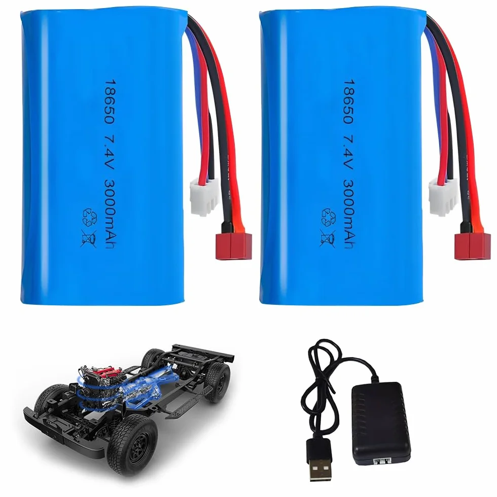 Akumulator litowo-jonowy 7,4 V, 2 szt. 3000 mAh akumulator litowo-jonowy z wtyczką Deans T Plug i Xh-3P, baterie litowe Lonen z 1 ładowarką, do pojazdów RC, czołgów, samochodów, robotów, samochodów