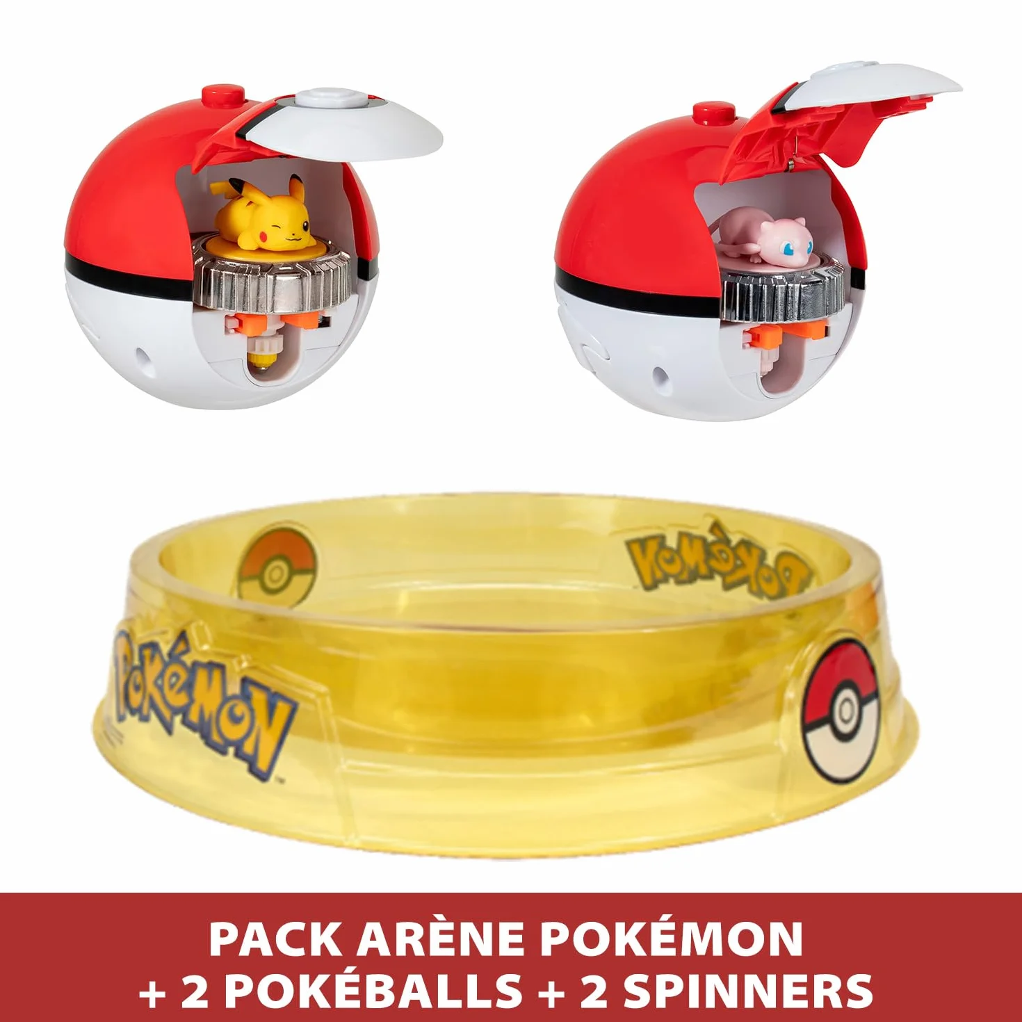 Bandai - Pokémon Arena + 2 Spinnery W Zestawie - 2 Wyrzutnie Pokéball + Bączki Pikachu i Mew - Gra Walki Dla Wielu Graczy - Zabawka Dla Dzieci 4 Lata i + JW4403