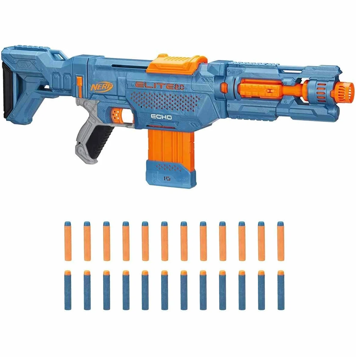 Wyrzutnia Nerf Elite 2.0 Echo CS-10-24 oryginalne strzałki Nerf, 10-strzałkowy magazynek, zdejmowana kolba, przedłużenie lufy, 4 szyny na akcesoria.