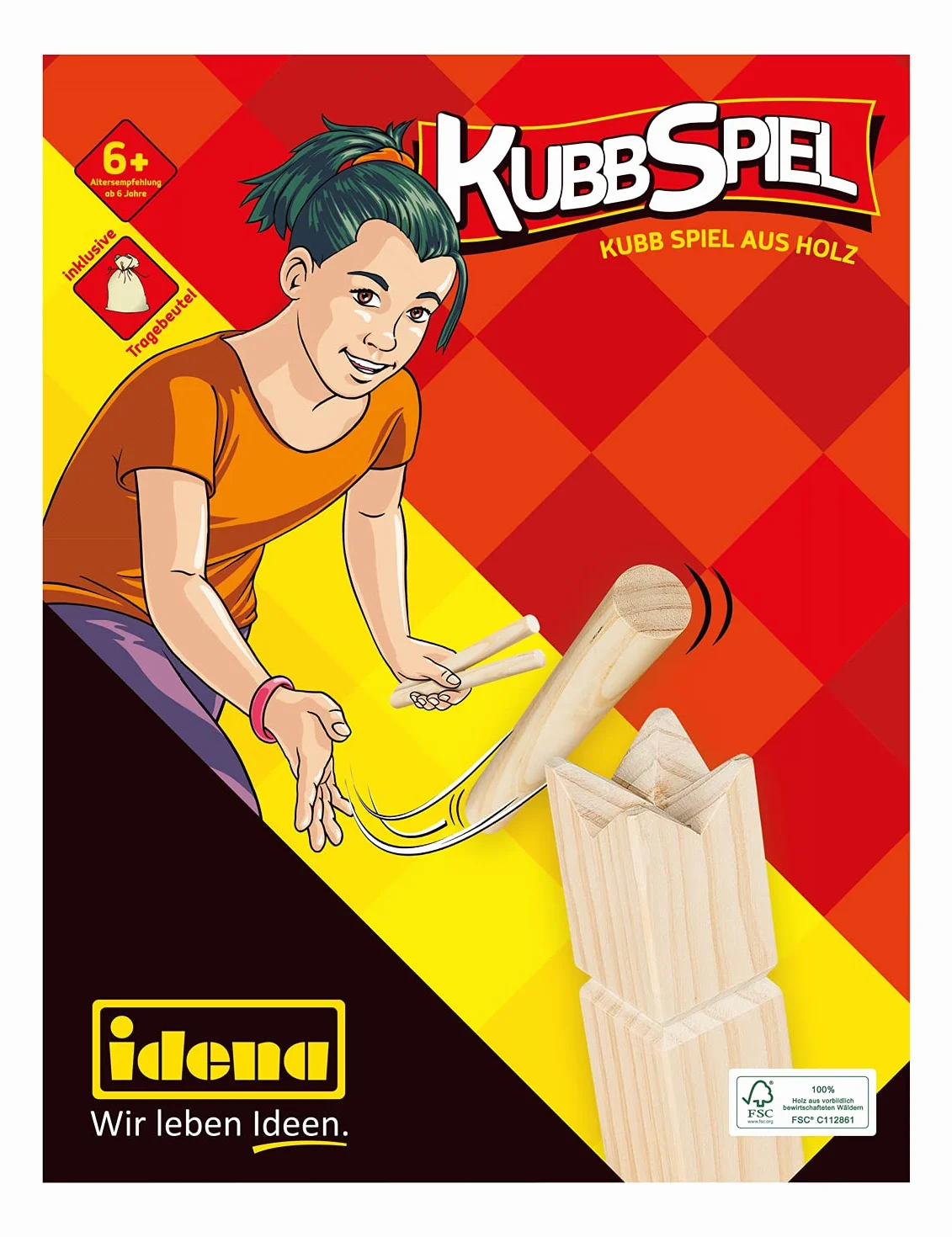Idena 40175 – Kubb gra z 10 kostkami, 6 drewnianymi drewnianymi, królem i 4 narożnikami, łącznie z workiem do transportu i przechowywania