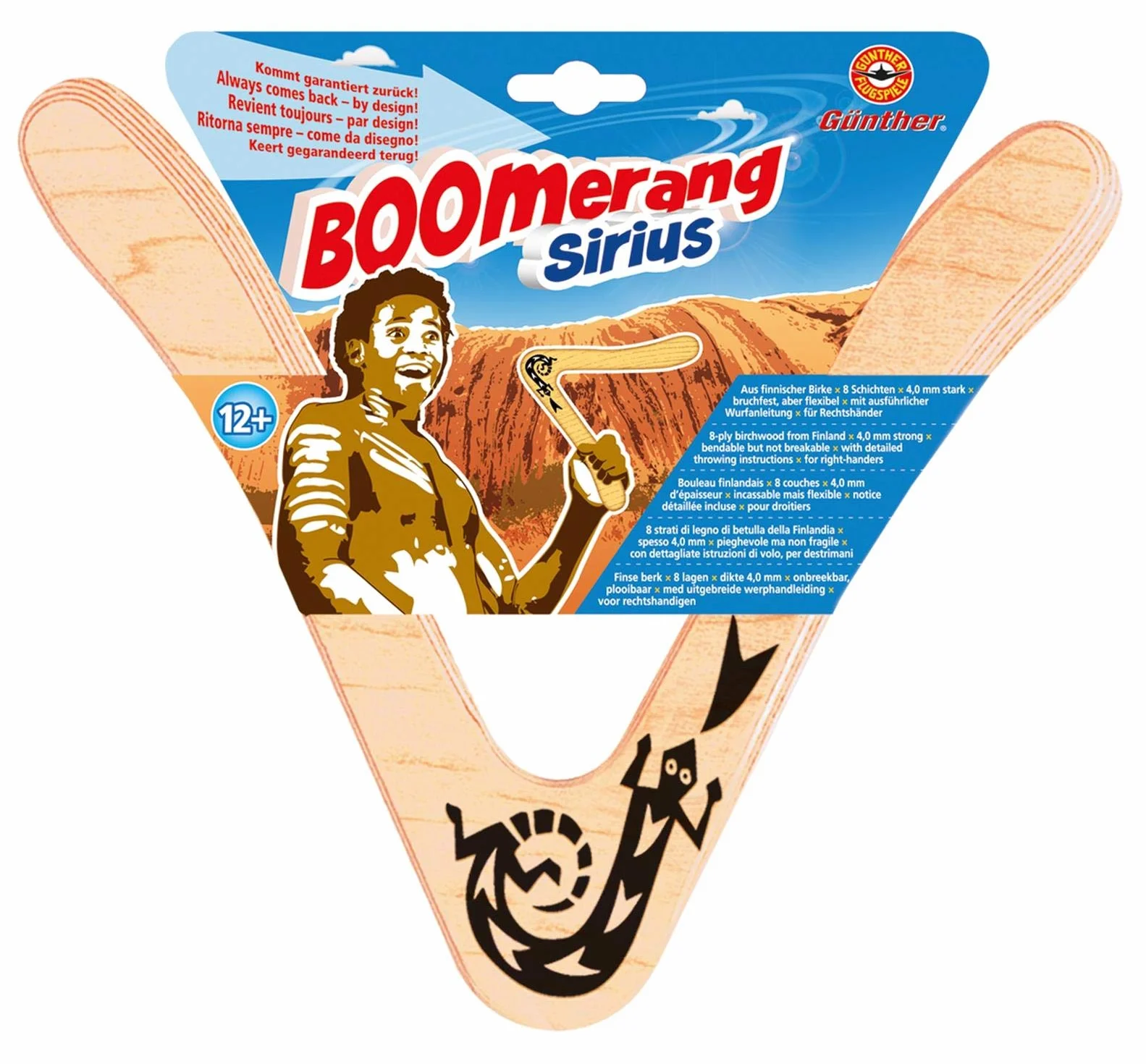 Paul Günther 1378 – Boomerang Sirius, klasyczny kształt, ok. 25 cm wielkości, z fińskiej sklejki lotniczej o grubości 44 mm, ma ok. 15 – 20 m szerokości, nadaje się dla osób praworęcznych