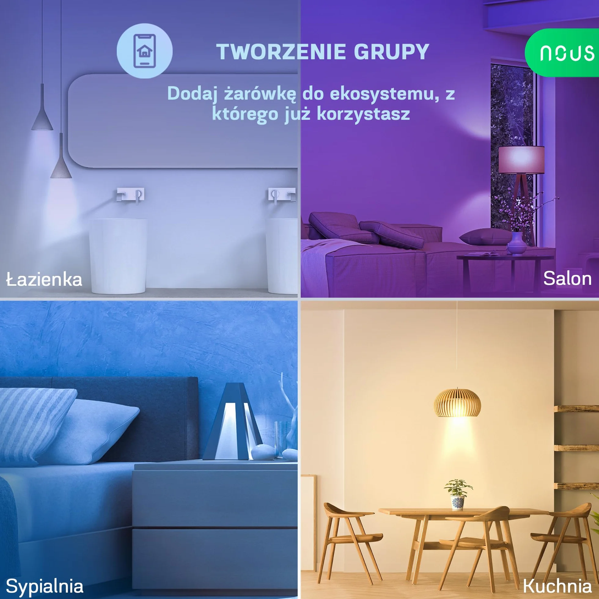 NOUS Inteligentna żarówka LED E27 RGB, Wi-Fi Alexa, inteligentna żarówka z pilotem zdalnego sterowania, zmiana kolorów, żarówka RGB, tylko 2,4 GHz WiFi