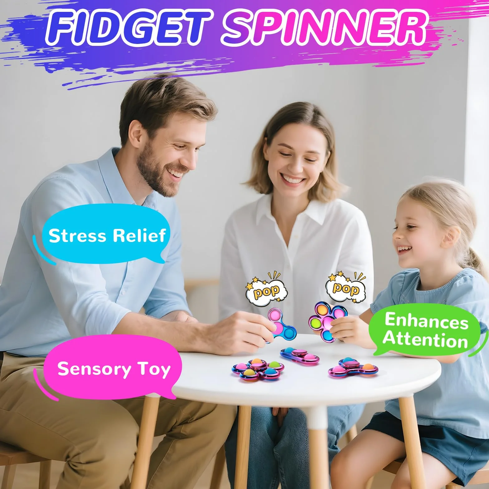 SCIONE Zestaw 3 Fidget Spinner Pop, Sensoryczna zabawka do ściskania bąbelków, pomaga w ADHD, lękach i stresie
