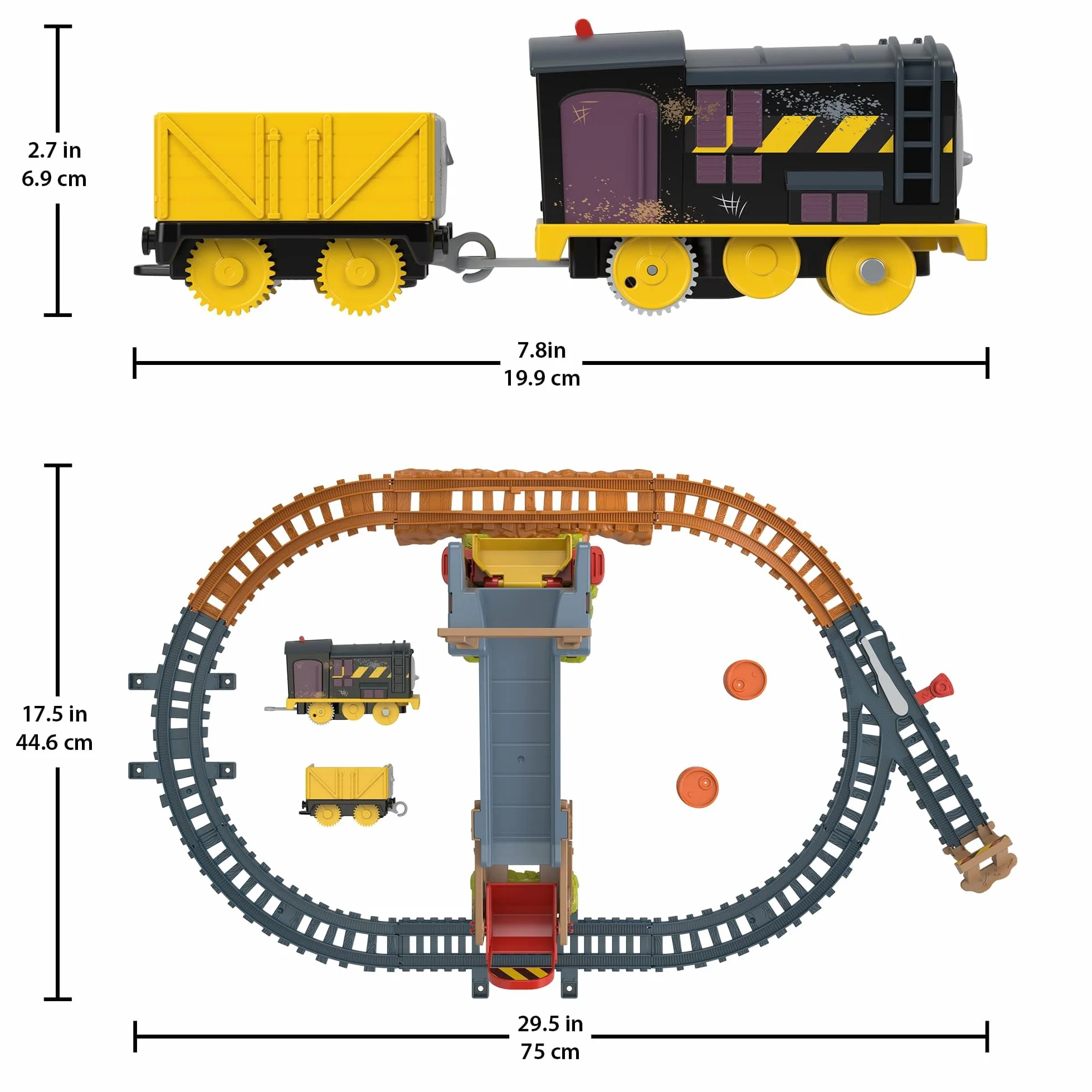 Thomas & Friends Diesel – Załadunek na budowie Zestaw kolejowy z torem + zabawka pociąg z napędem, wagonem i beczkami do zabawy dla dzieci od 3 roku życia, JBW20