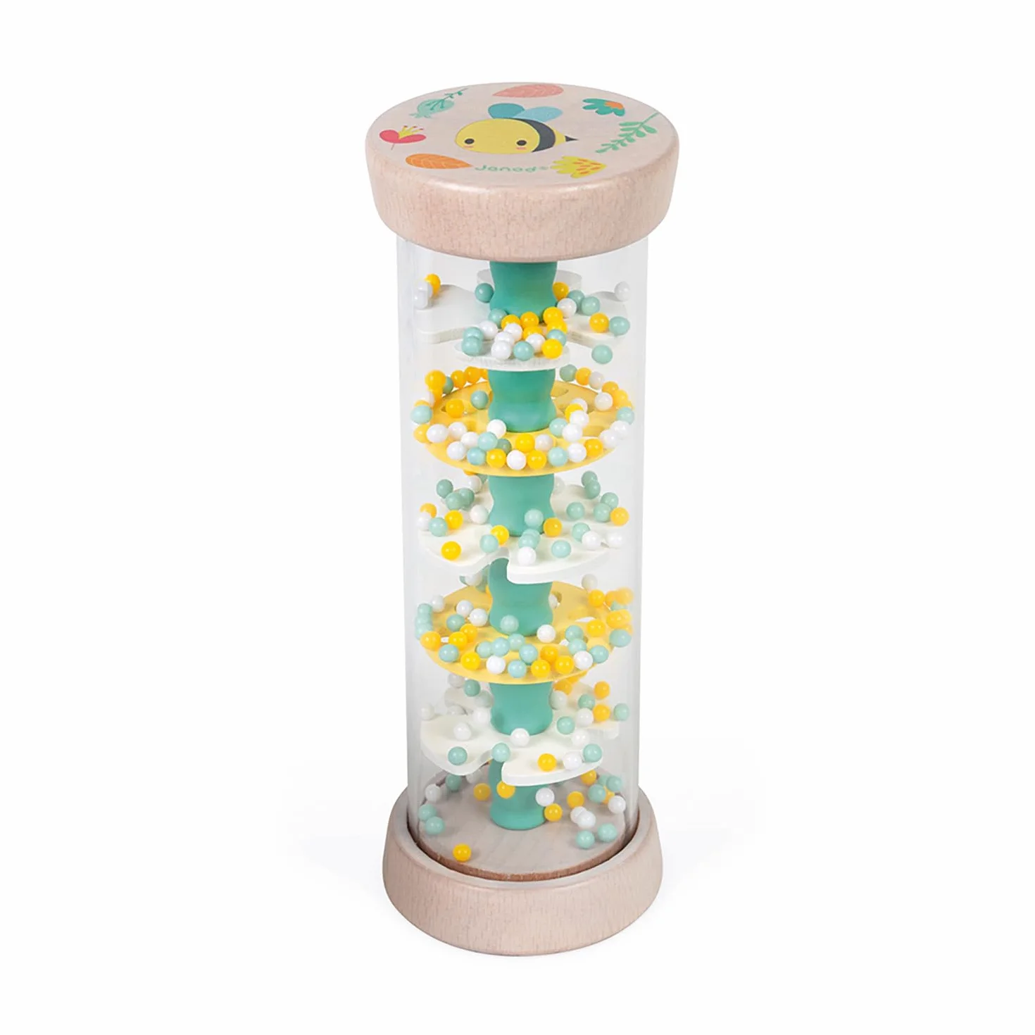Janod - Wooden Rainstick - Pure Collection - Early - Learning Toy - Fine Motor Skills and Concentration - Visual and Aural Stimulation - Water - Based Paint - from 6 Months Old, J05193