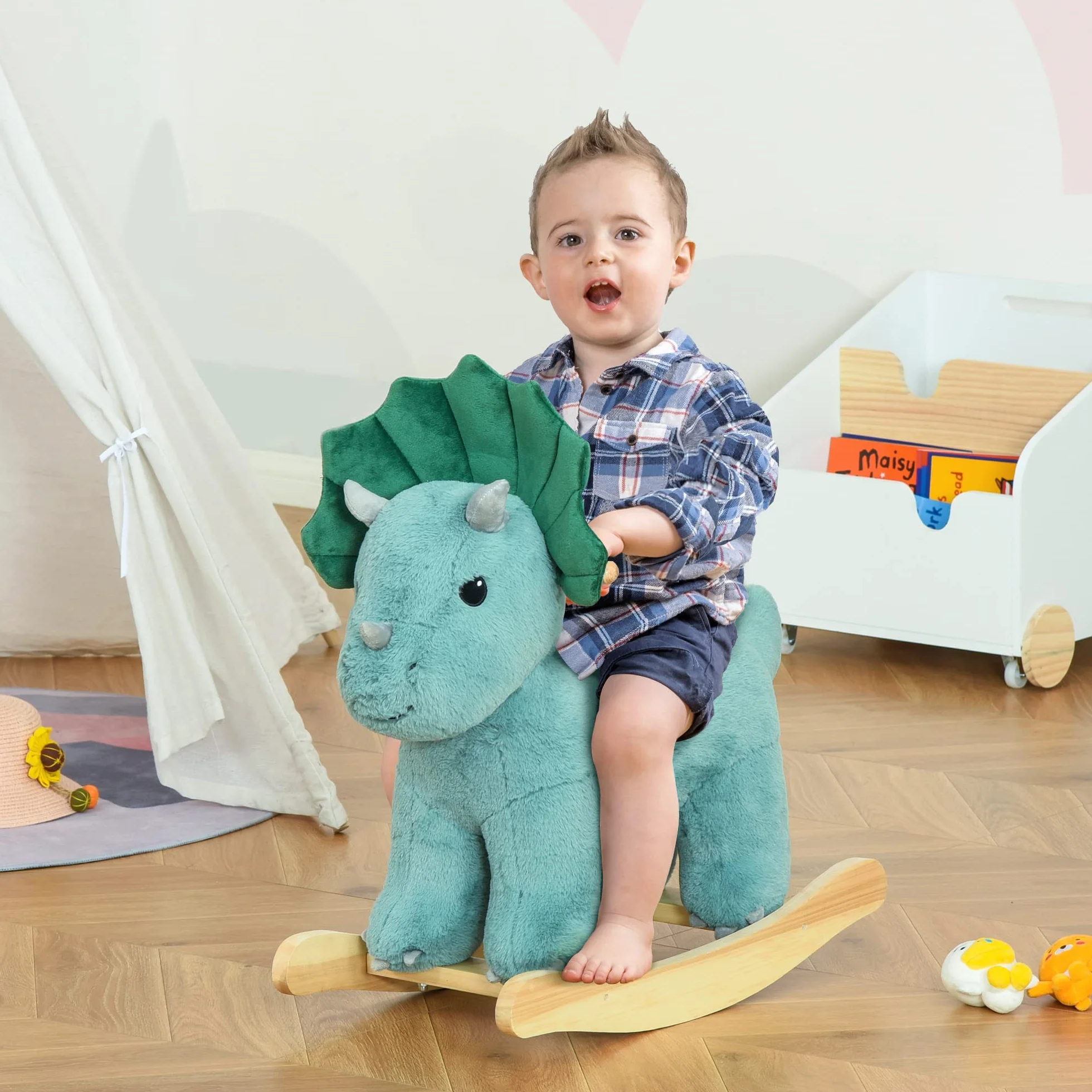 Koń na biegunach HOMCOM pluszowy zwierzak na biegunach huśtawka dla dzieci zabawka dla dzieci 36-72 miesięcy tworzywo sztuczne kolor ciemnozielony 71x28x60 cm