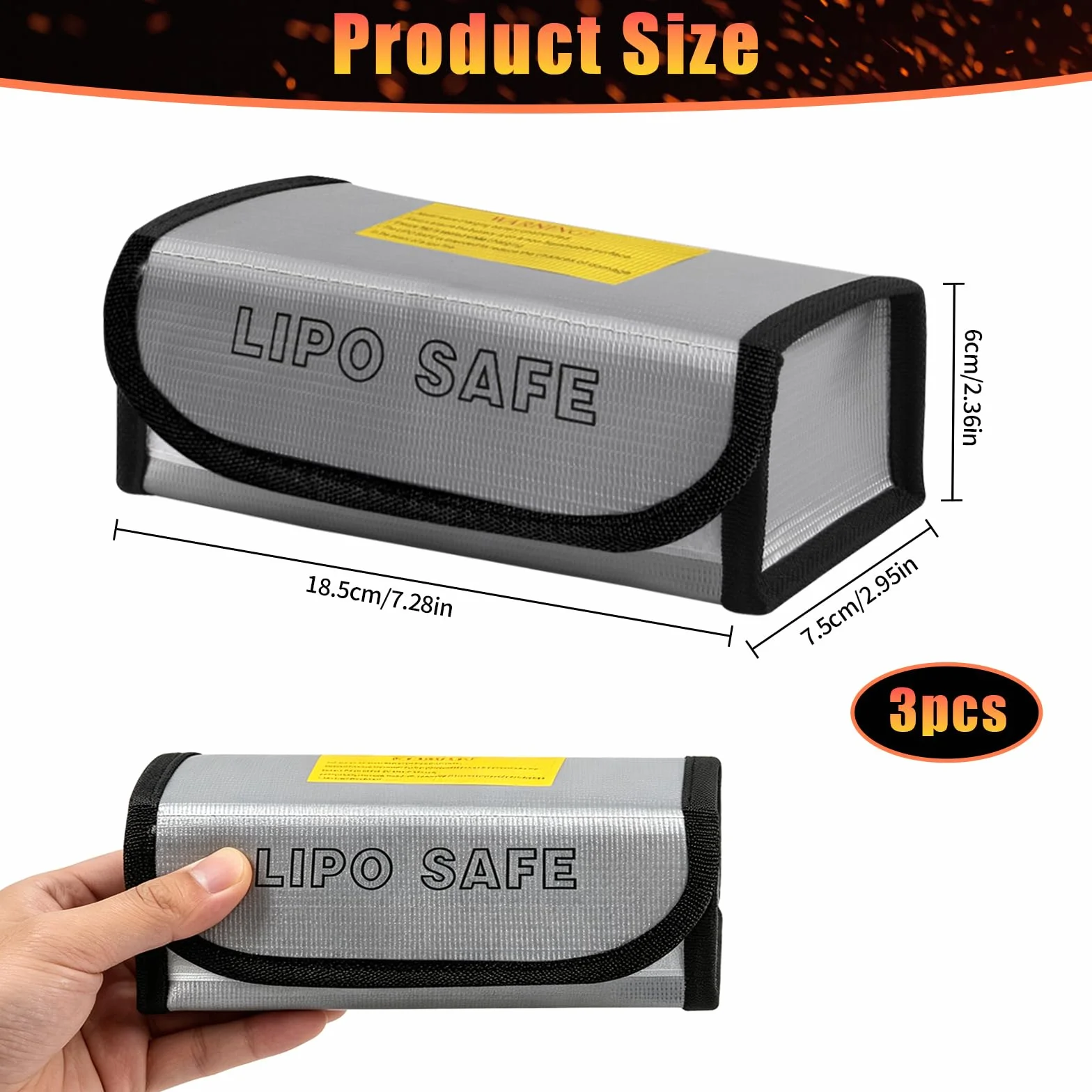 3 sztuki Lipo Safe Bag – ognioodporna torba na baterie, odporna na wysokie temperatury, torba bezpieczeństwa do akumulatorów Lipo/Ebike nadaje się do ładowania, przechowywania, transportu (18,5 x 7,5