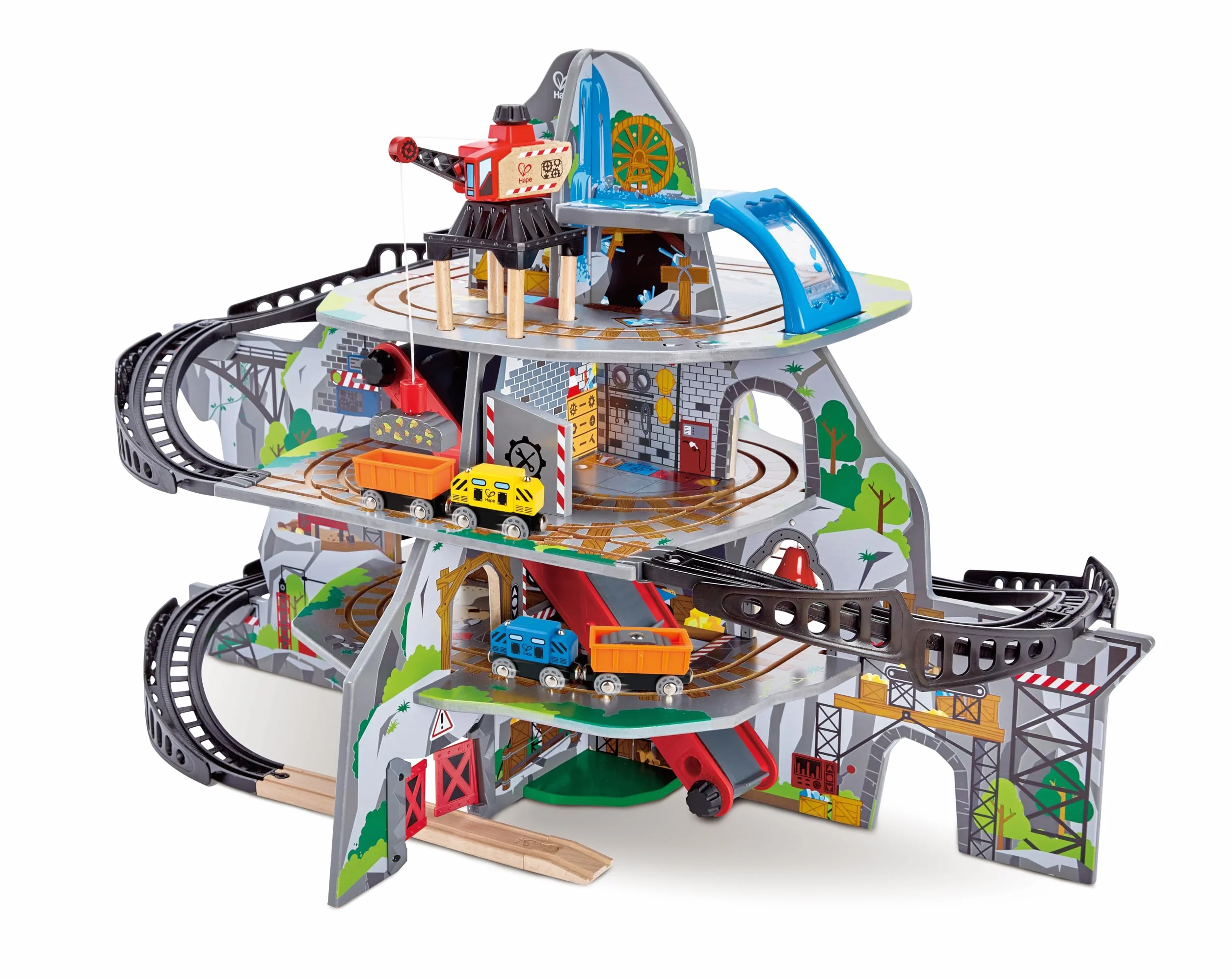 Hape Mighty Mountain Mine, Multi-Coloured 32-Piece Wooden Pretend Play Railway Set, Train Toy for Kids